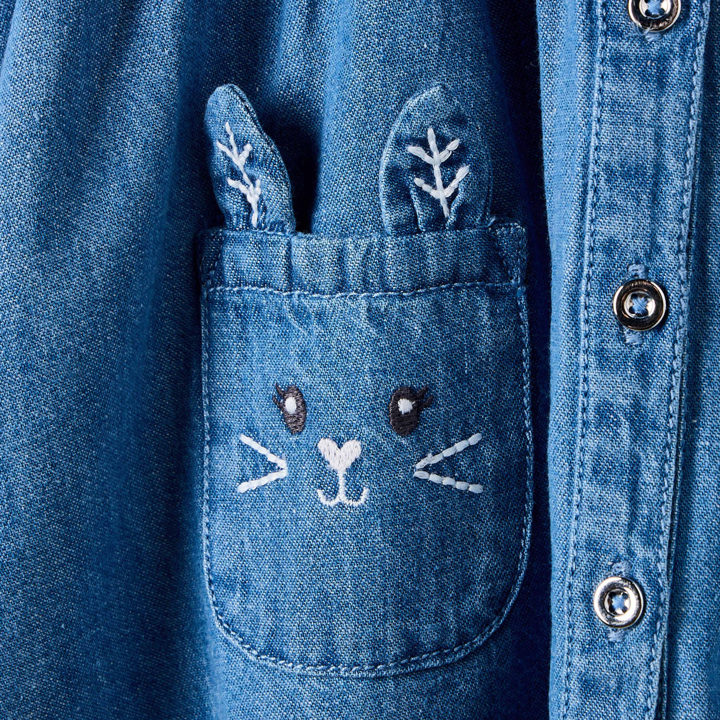 Juniors Round Neck Long Sleeves Knee Length Denim Dress with Embroidery-baby-girls-clothing-dressesandjumpsuits-image-5