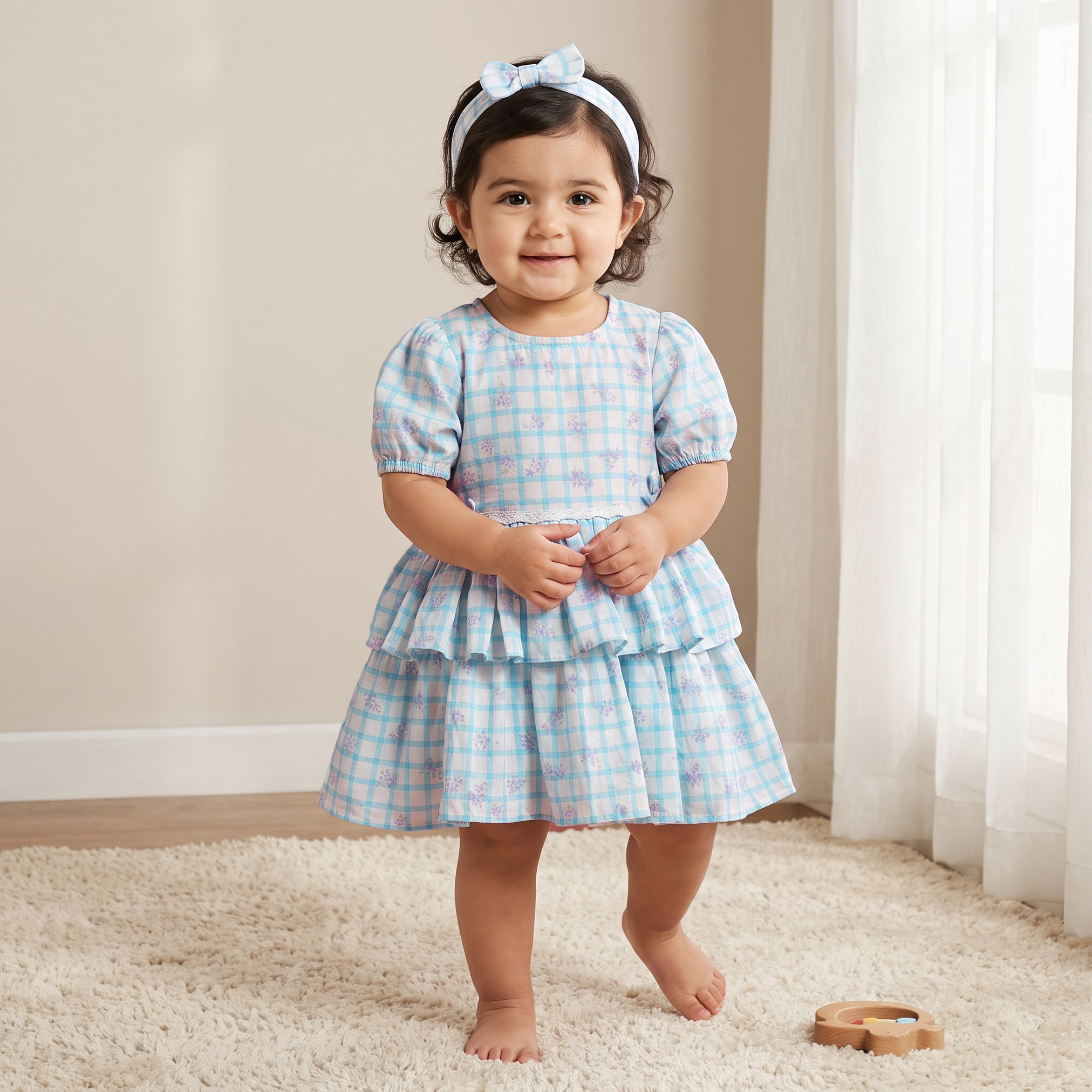 Juniors Round Neck Long Sleeves Knee Length Tiered Dress and Headband with Checks-baby-girls-clothing-dressesandjumpsuits-image-1