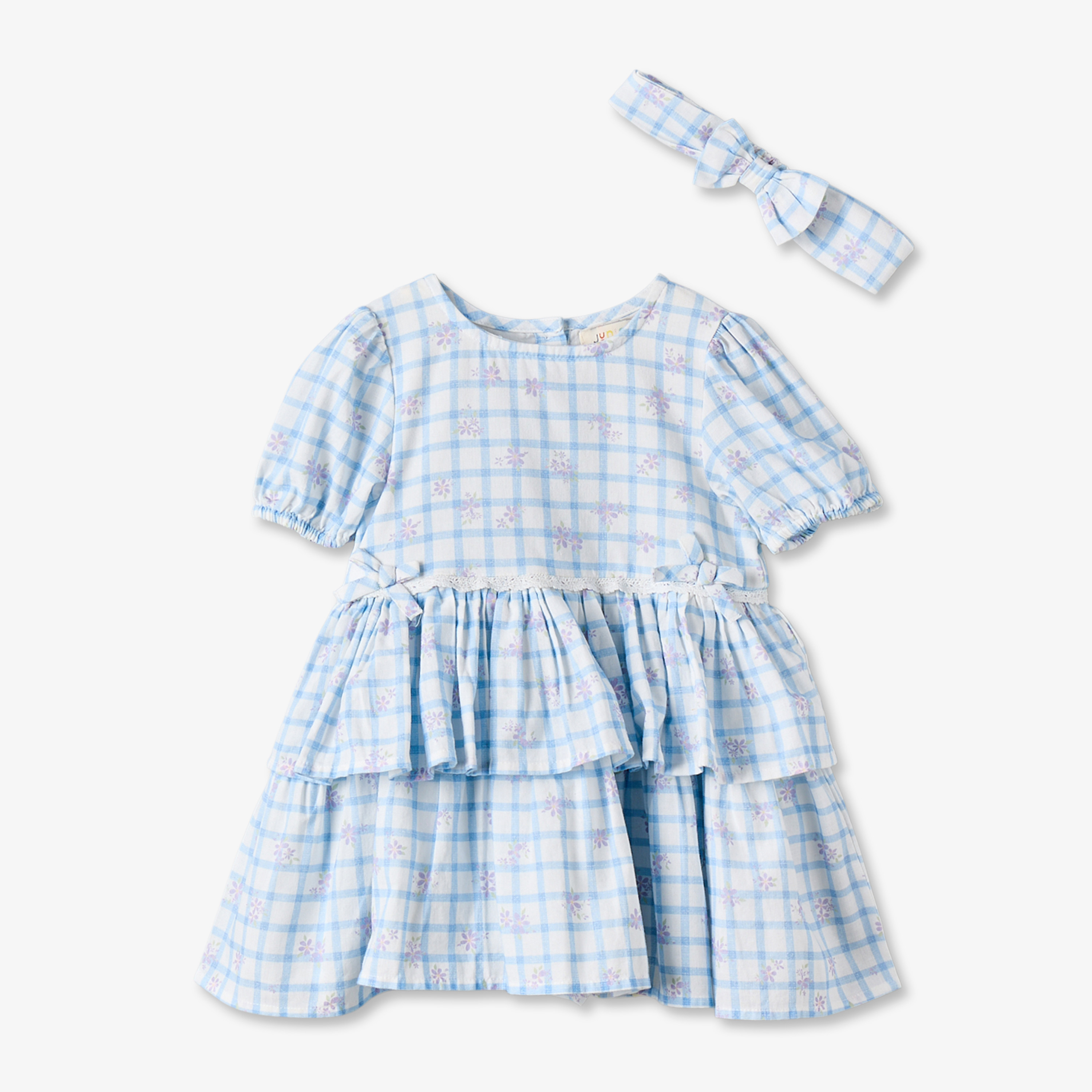 Juniors Round Neck Long Sleeves Knee Length Tiered Dress and Headband with Checks-baby-girls-clothing-dressesandjumpsuits-image-2