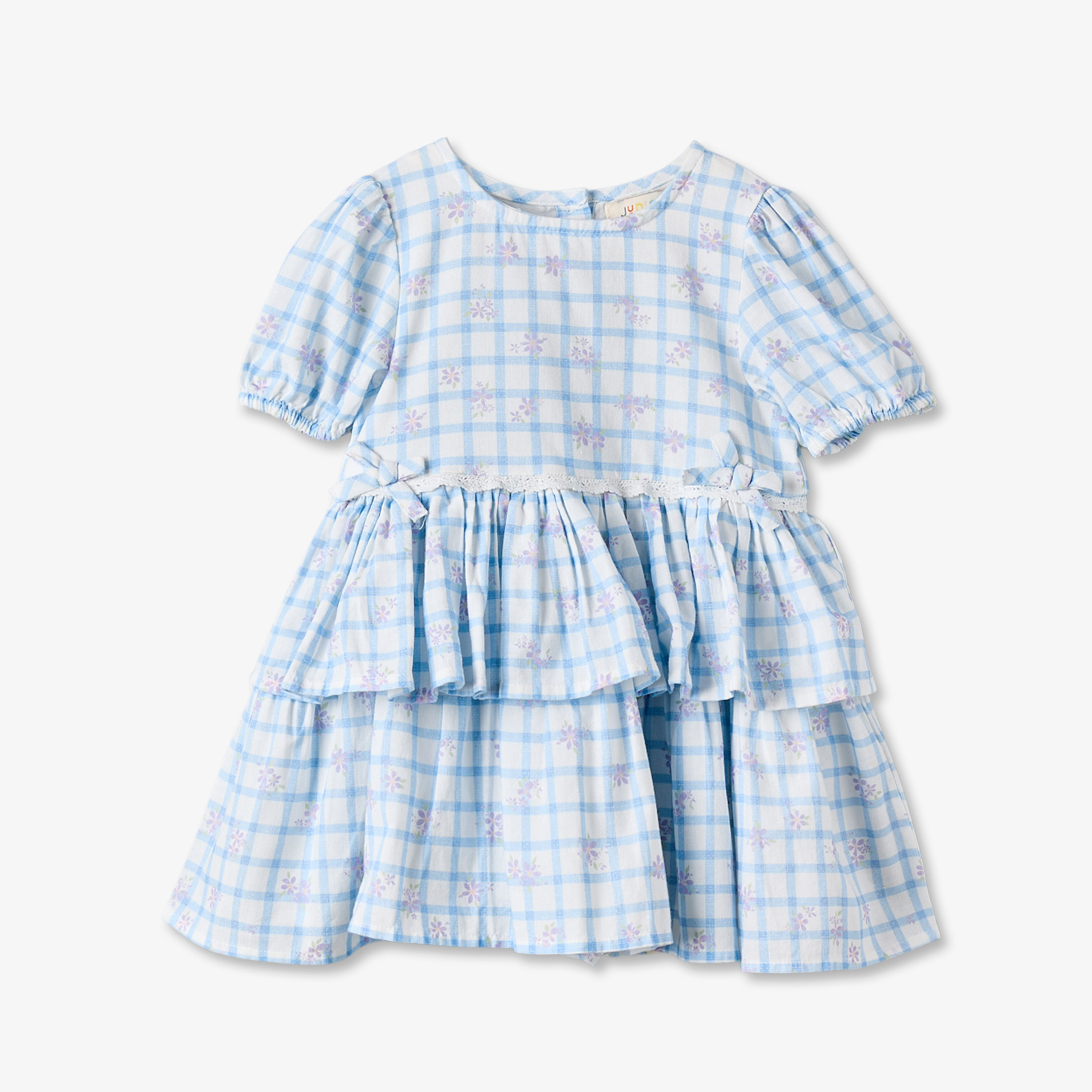 Juniors Round Neck Long Sleeves Knee Length Tiered Dress and Headband with Checks-baby-girls-clothing-dressesandjumpsuits-image-3
