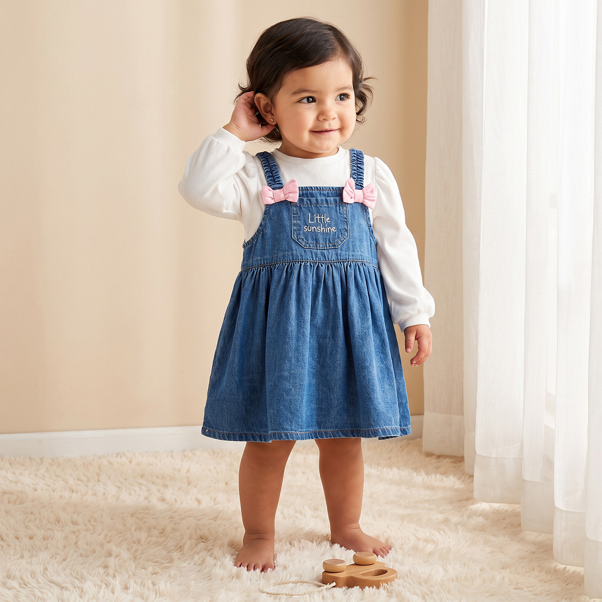فستان دنغري بياقة مربعة وأكمام بدون أكمام بطول الركبة مع زينة فيونكة من جونيورز-baby-girls-clothing-dressesandjumpsuits-image-1