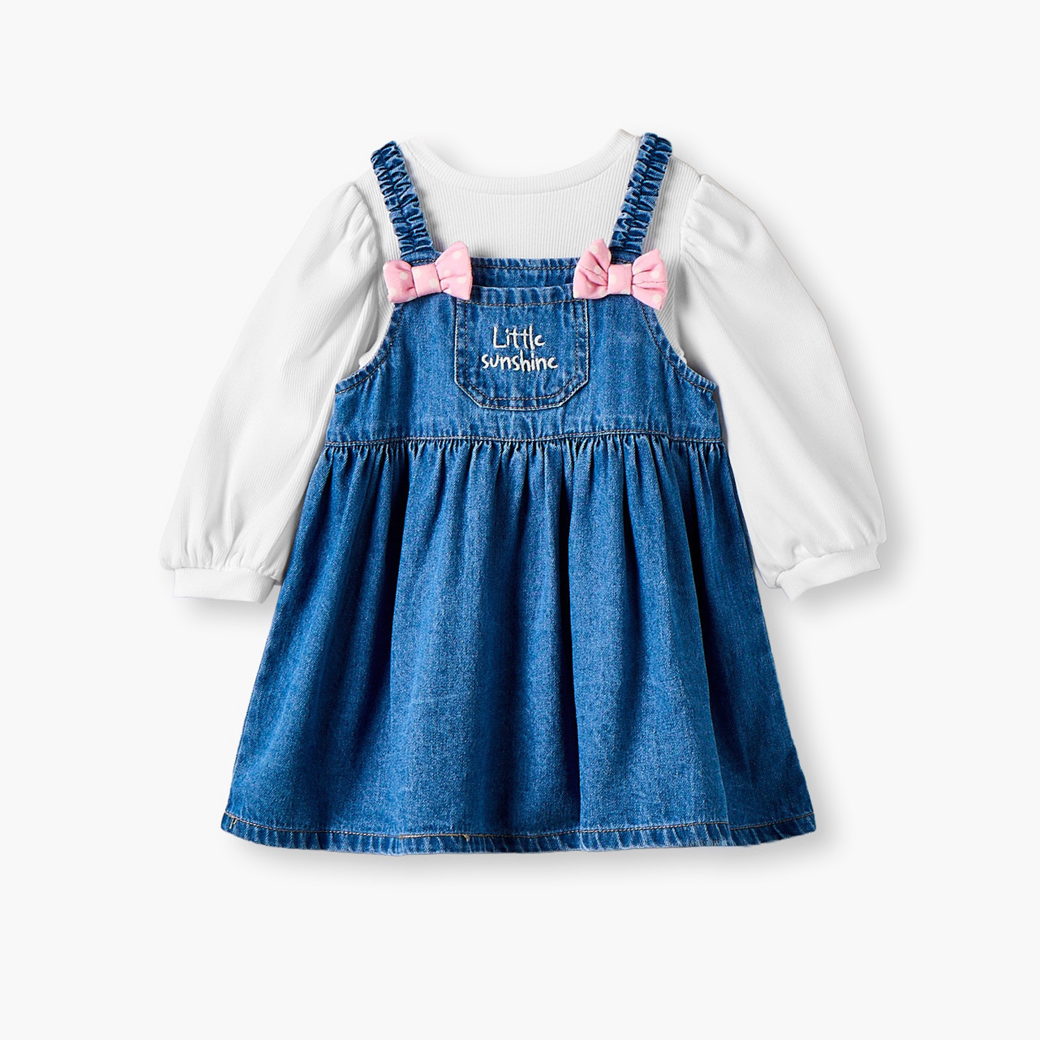 فستان دنغري بياقة مربعة وأكمام بدون أكمام بطول الركبة مع زينة فيونكة من جونيورز-baby-girls-clothing-dressesandjumpsuits-image-2