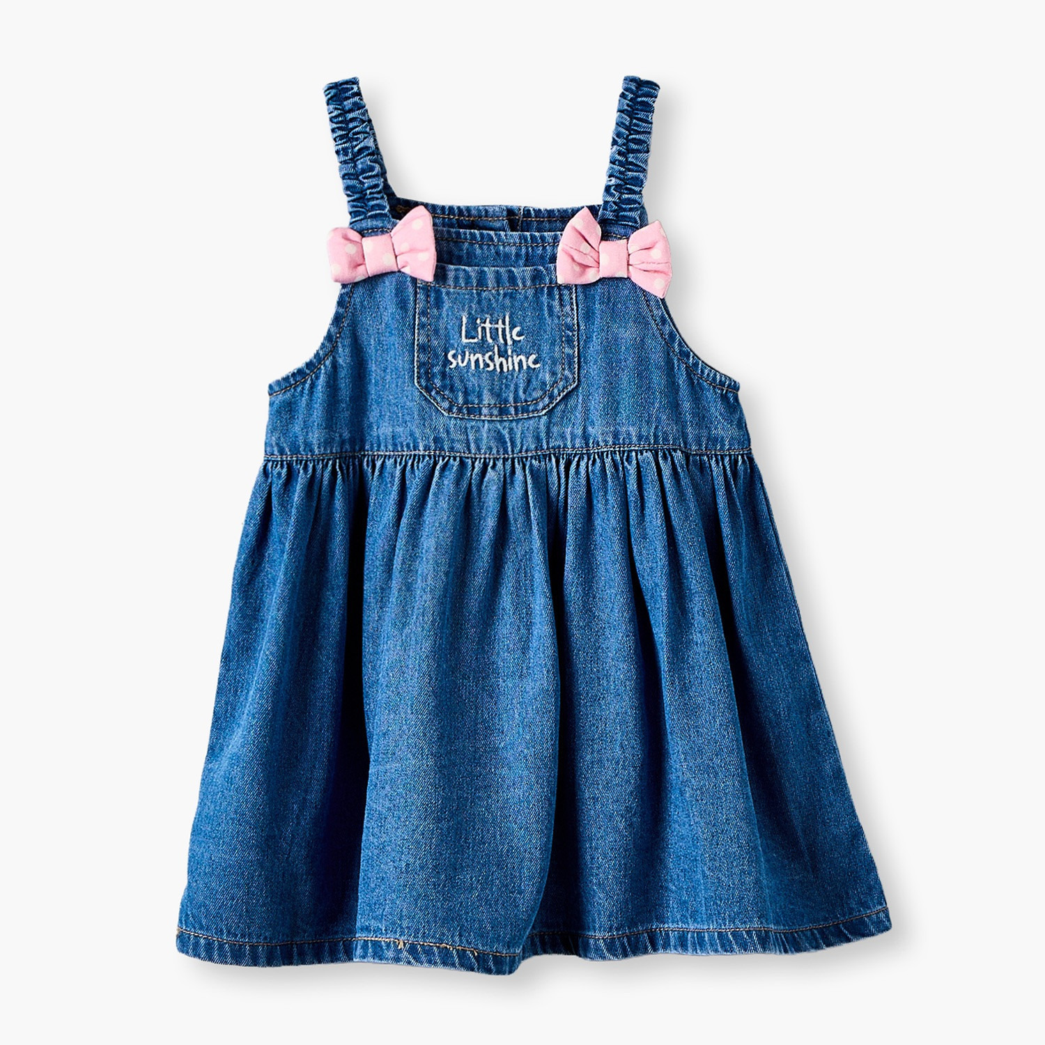 فستان دنغري بياقة مربعة وأكمام بدون أكمام بطول الركبة مع زينة فيونكة من جونيورز-baby-girls-clothing-dressesandjumpsuits-image-5