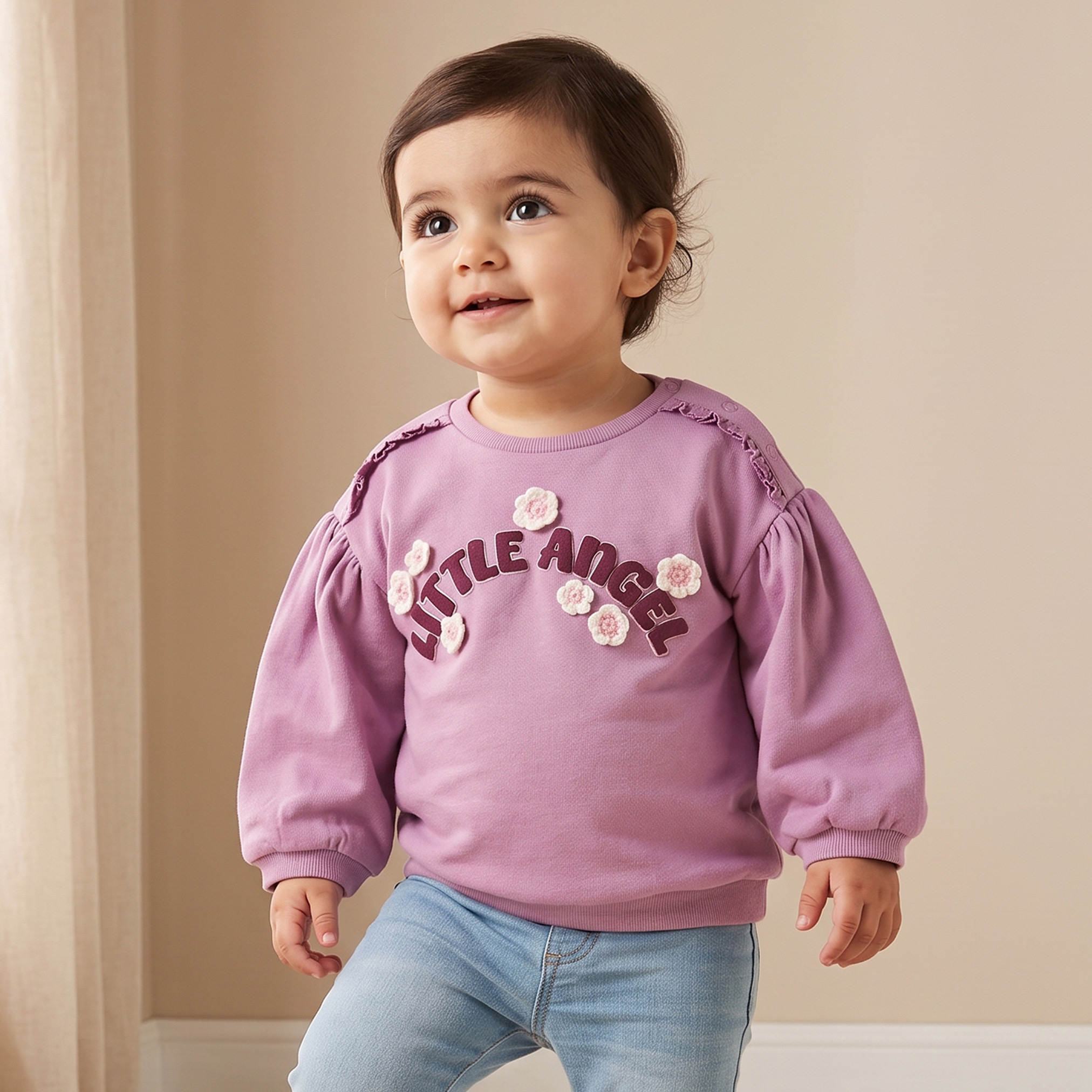Juniors Floral Applique Sweatshirt with Long Sleeves-baby-girls-clothing-winterwear-sweatshirts-image-1
