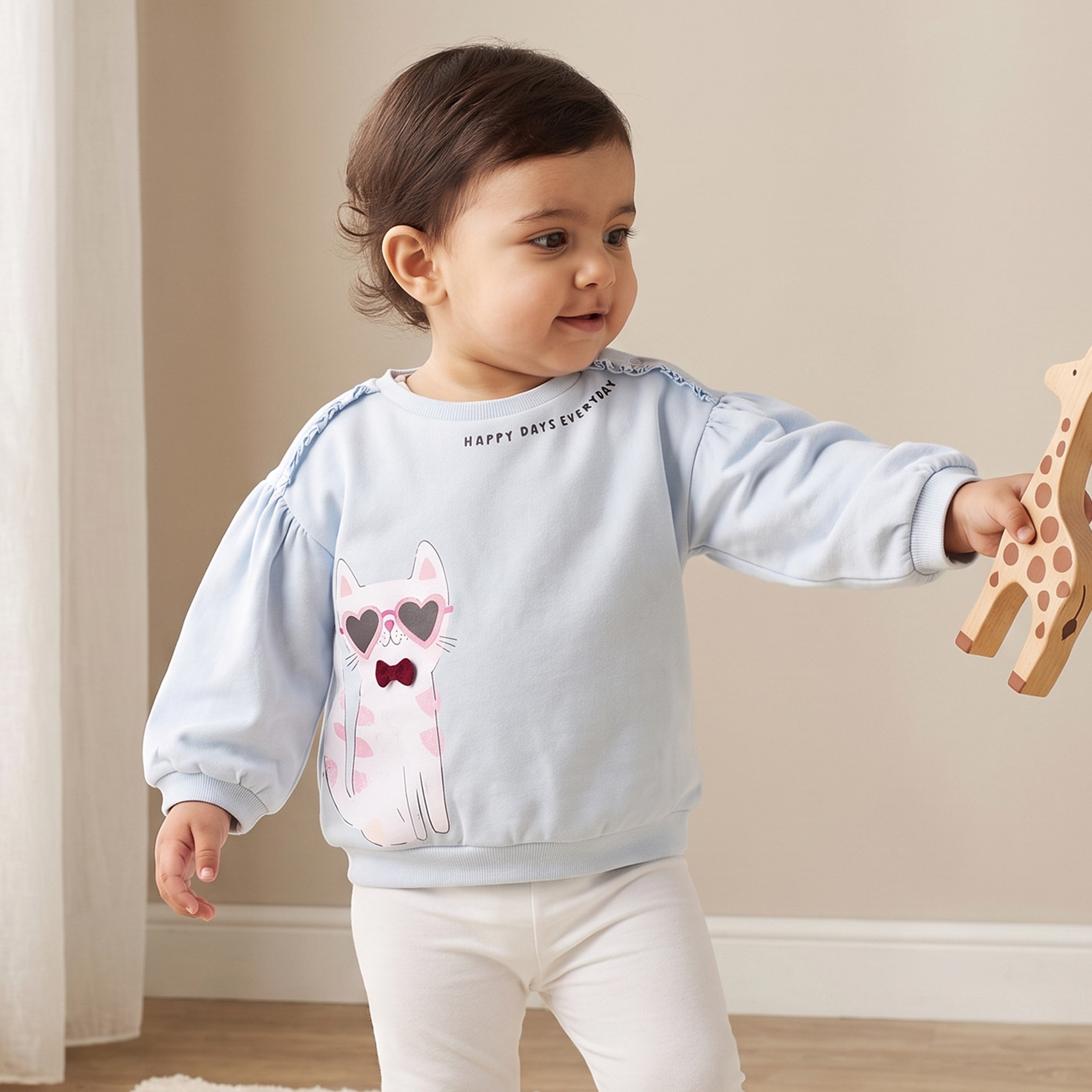 Juniors Cat Print Sweatshirt with Long Sleeves-baby-girls-clothing-winterwear-sweatshirts-image-1