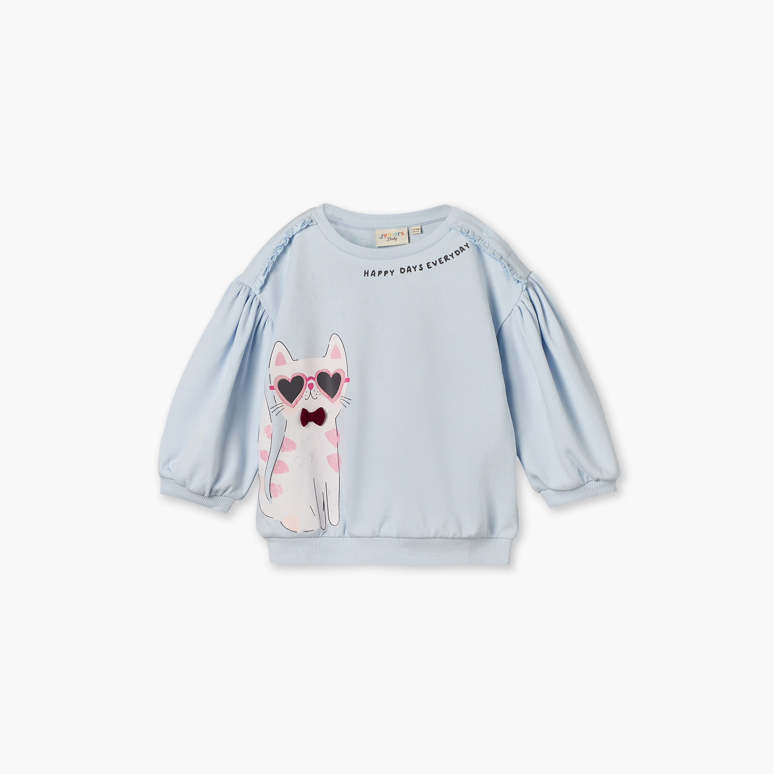 Juniors Cat Print Sweatshirt with Long Sleeves-baby-girls-clothing-winterwear-sweatshirts-image-2