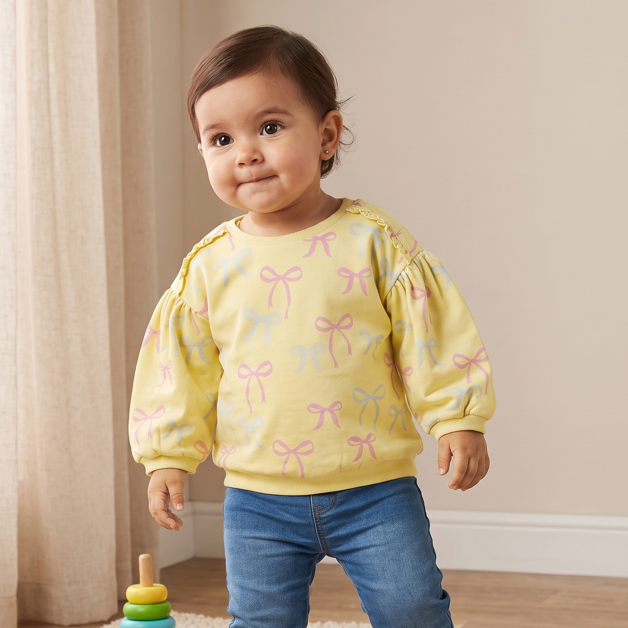 Juniors Bow Print Sweatshirt with Ruffled Sleeves-baby-girls-clothing-sweatshirts-image-1
