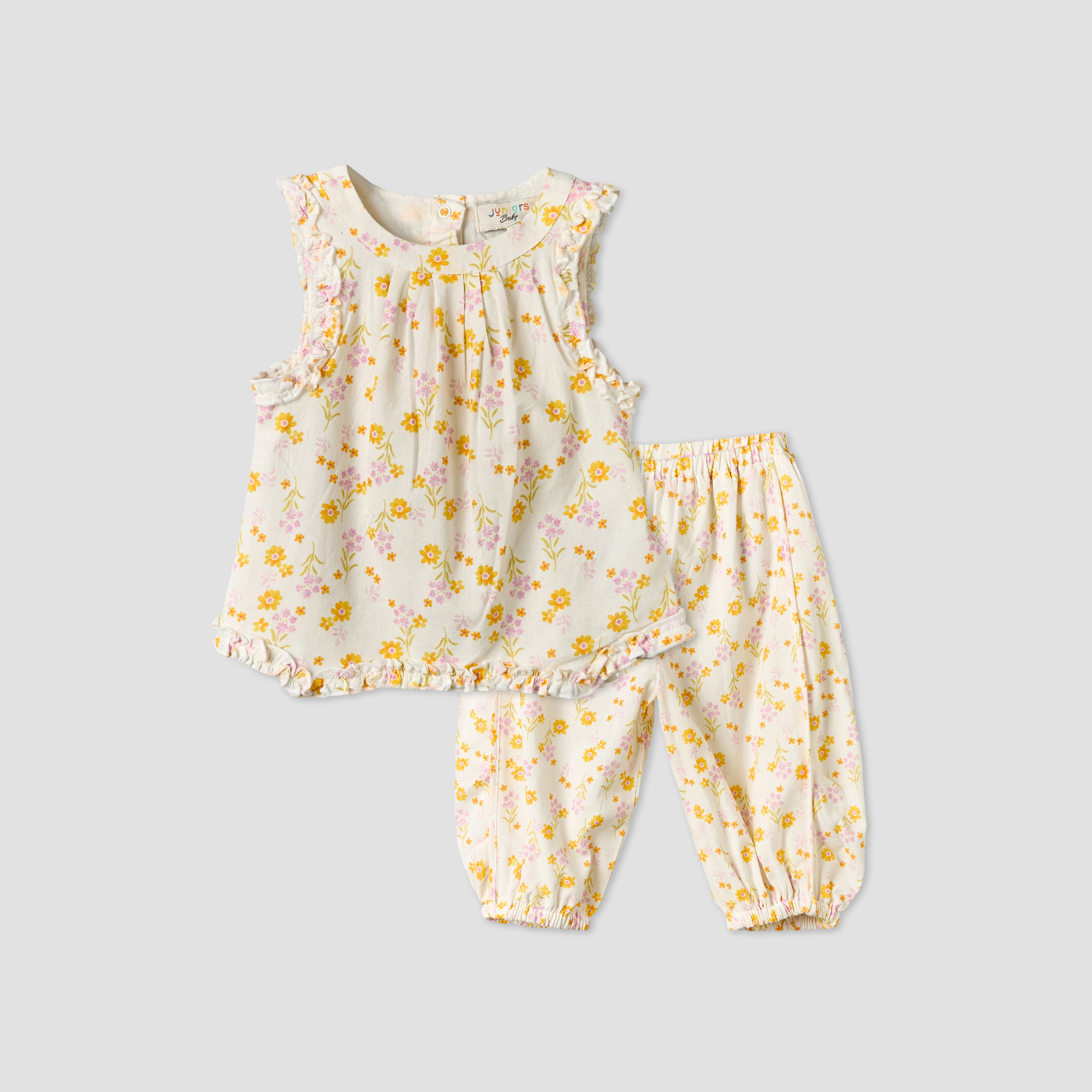 Juniors Round Neck Sleeveless Top and Pants Set with Floral Print-baby-girls-clothing-setsandcoords-image-1