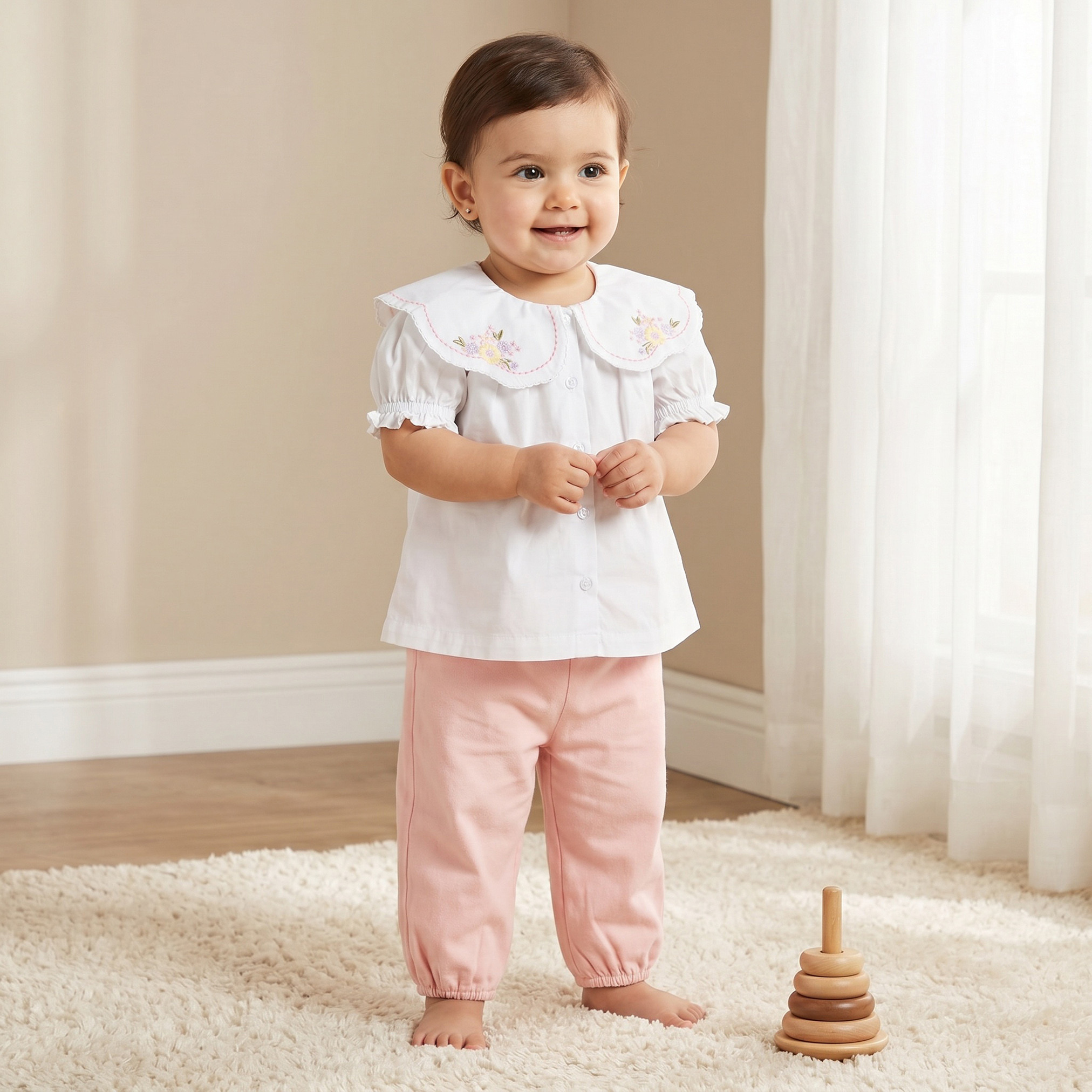 طقم بنطلون وبلوزة بياقة عادية وأكمام قصيرة وتطريزات زهرية من جونيورز-baby-girls-clothing-setsandcoords-image-1