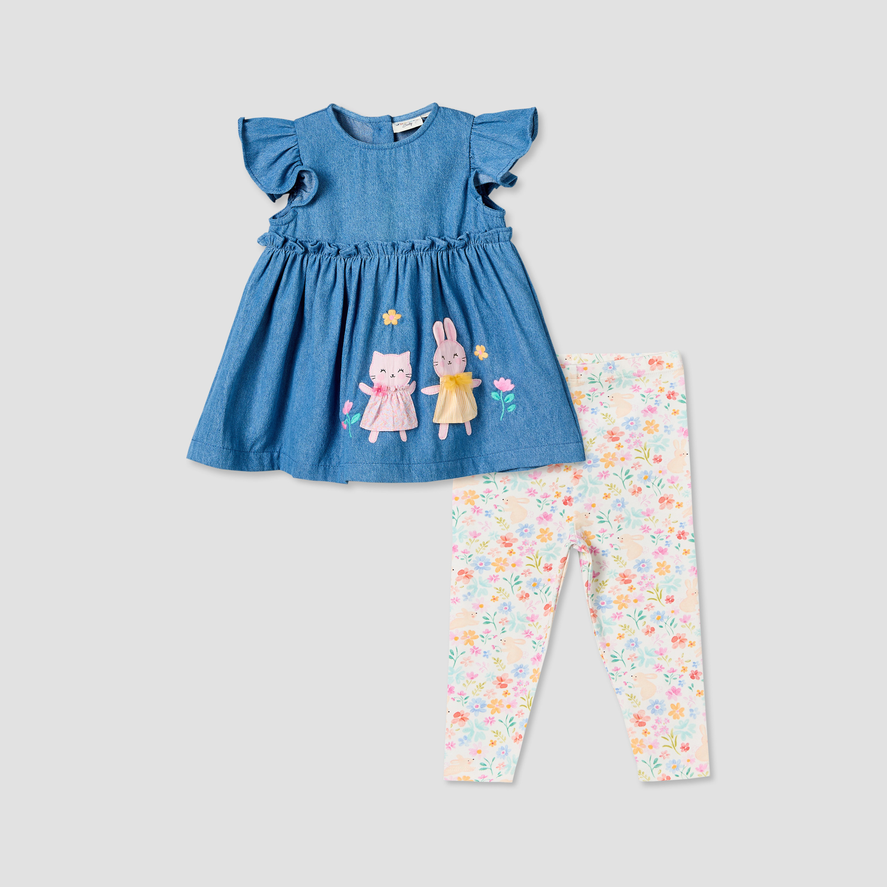 Juniors Round Neck Short Sleeves Denim Dress and Leggings Set with Bunny Applique-baby-girls-clothing-setsandcoords-image-1