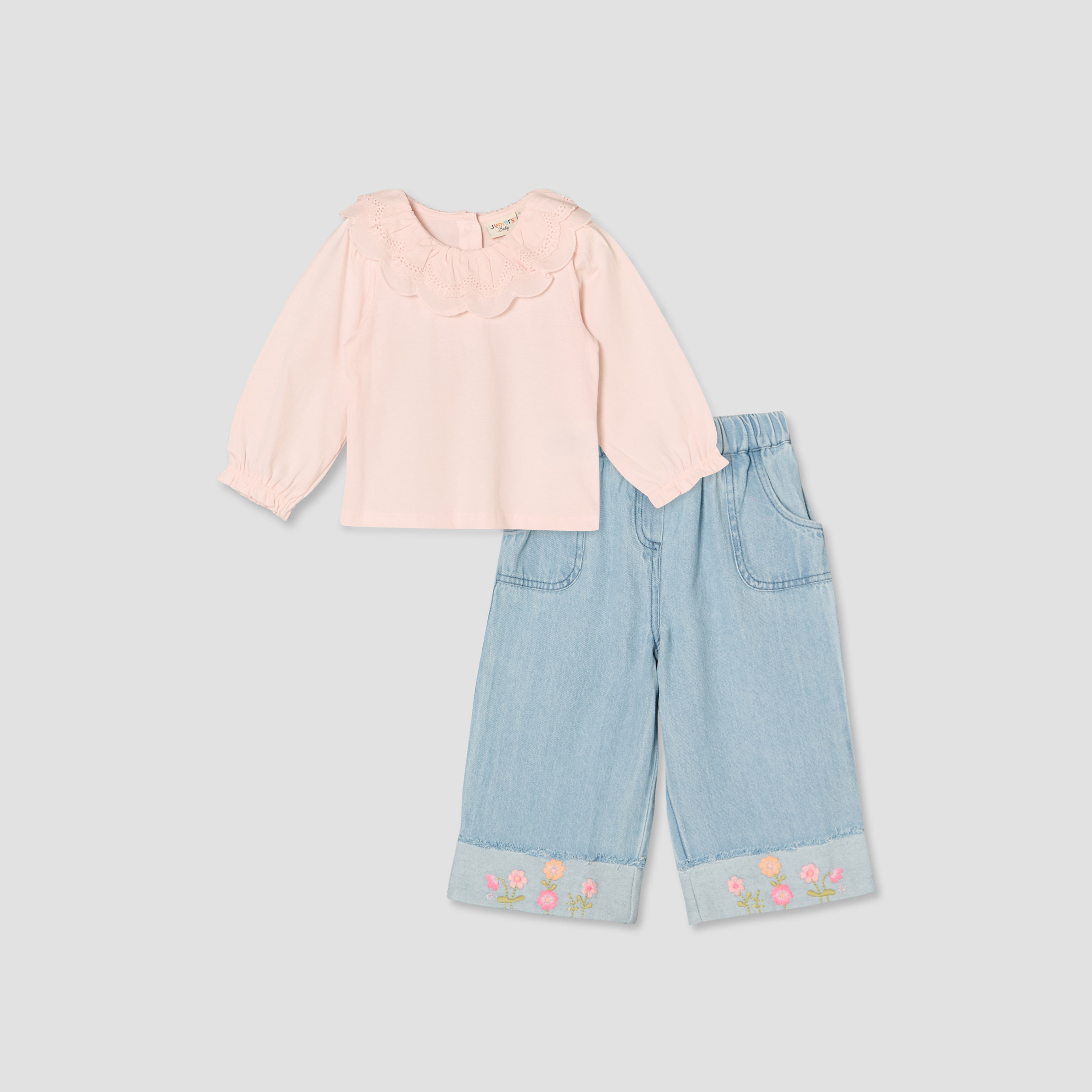 طقم بنطلون جينز مطرز وبلوزة بياقة مستديرة وأكمام طويلة من جونيورز-baby-girls-clothing-setsandcoords-image-1