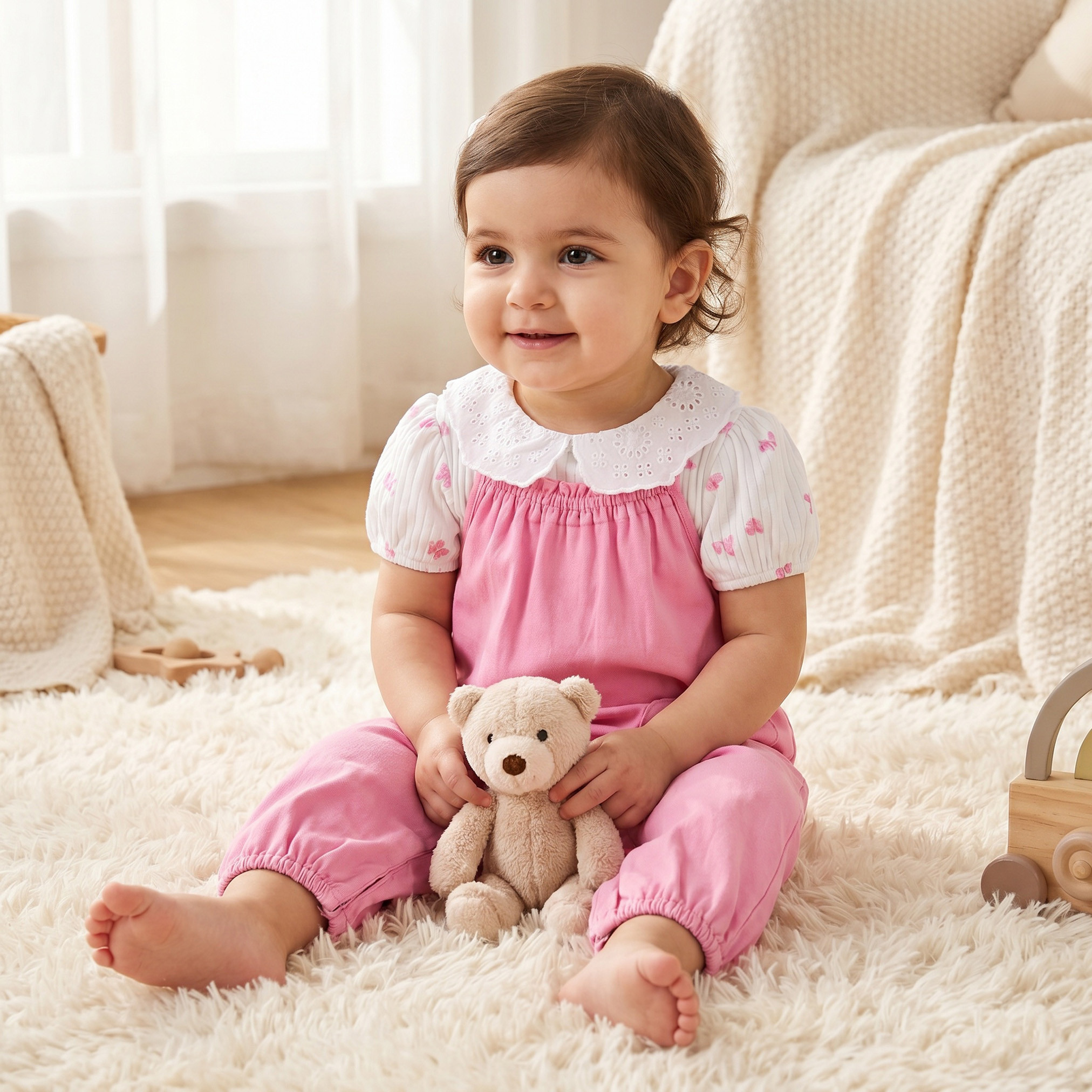 Juniors Peter Pan Collar Short Sleeves Top and Dungaree Set with Heart Pockets-baby-girls-clothing-setsandcoords-image-1