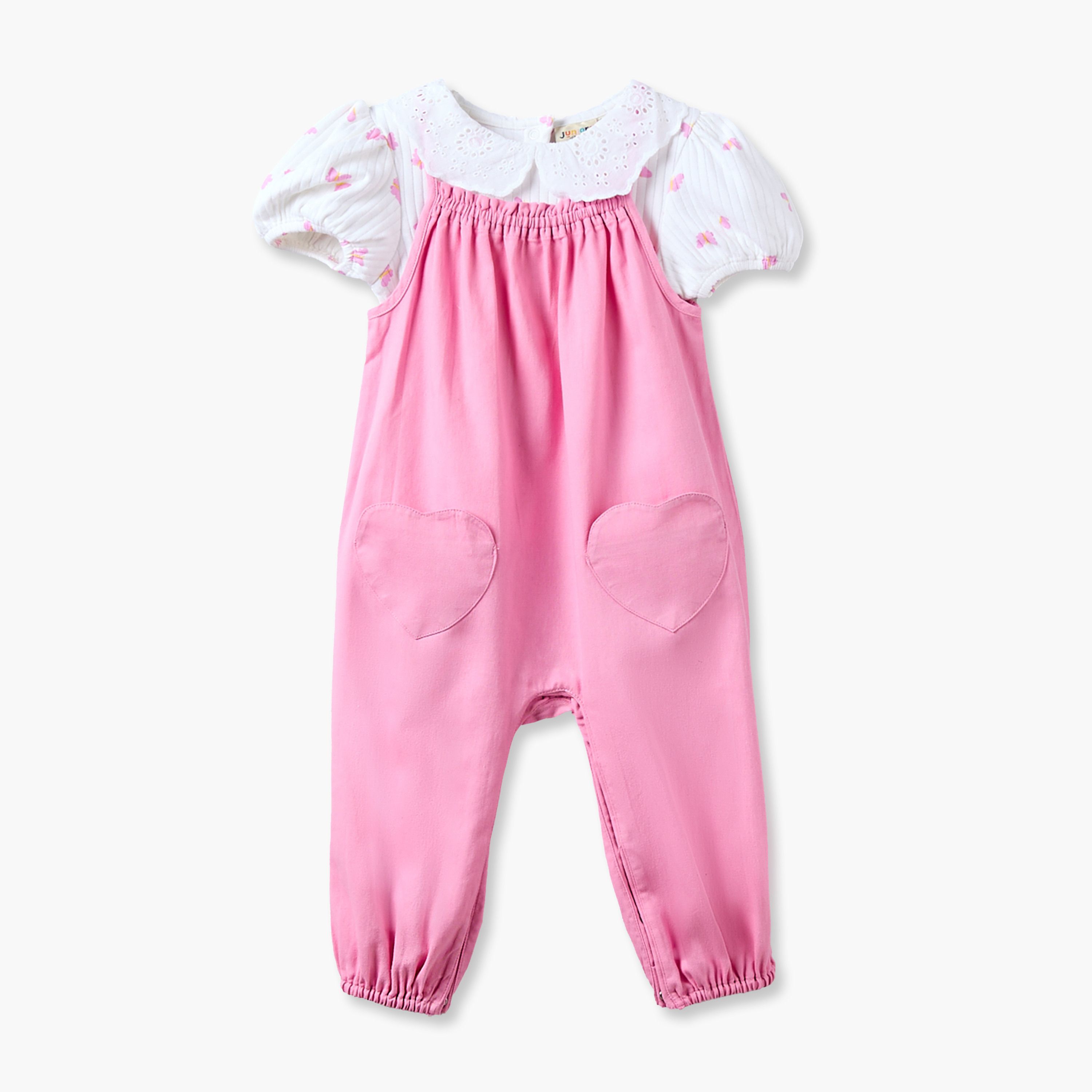 Juniors Peter Pan Collar Short Sleeves Top and Dungaree Set with Heart Pockets-baby-girls-clothing-setsandcoords-image-2