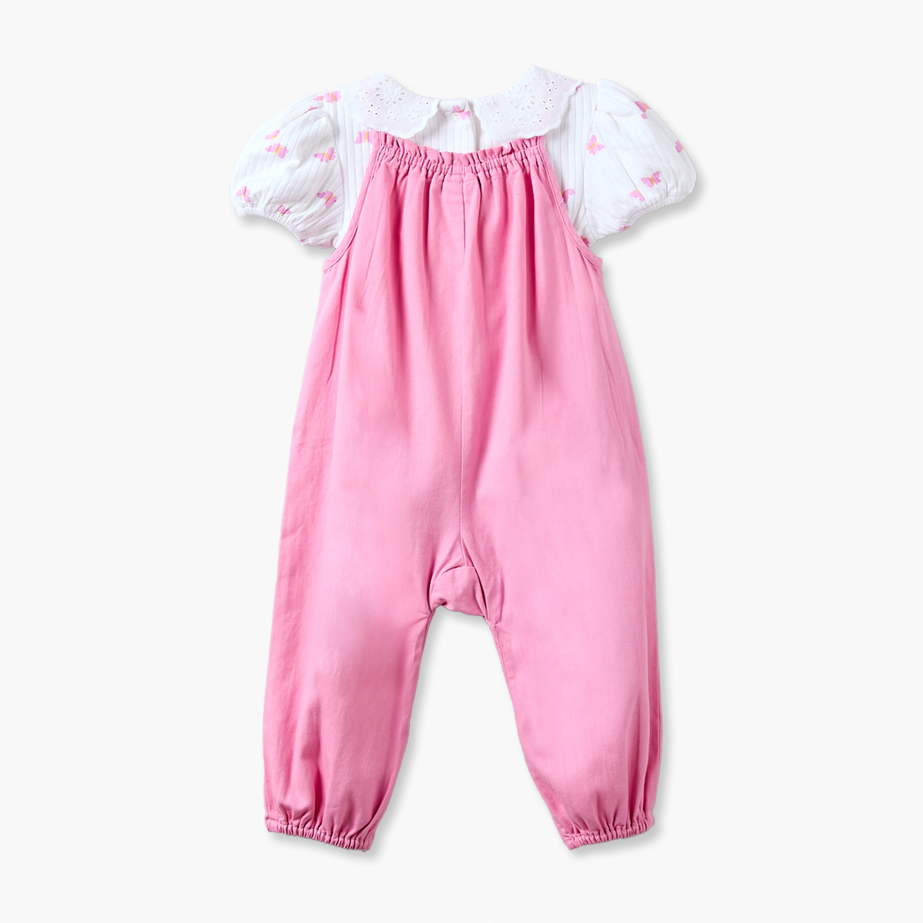 Juniors Peter Pan Collar Short Sleeves Top and Dungaree Set with Heart Pockets-baby-girls-clothing-setsandcoords-image-3