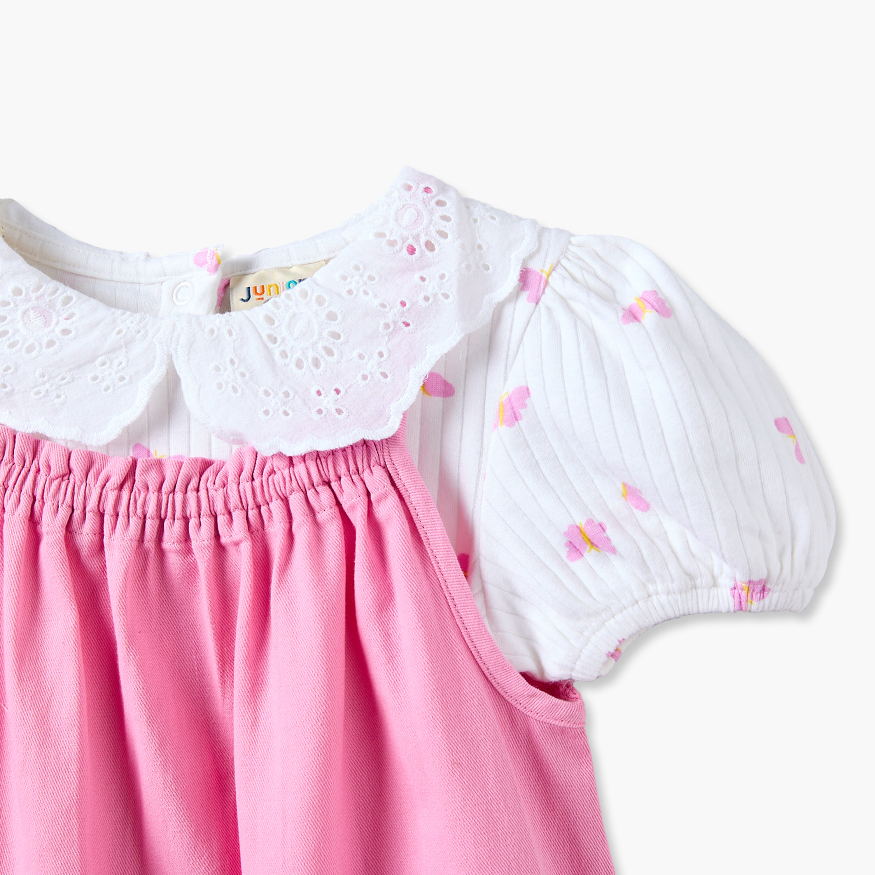 Juniors Peter Pan Collar Short Sleeves Top and Dungaree Set with Heart Pockets-baby-girls-clothing-setsandcoords-image-6