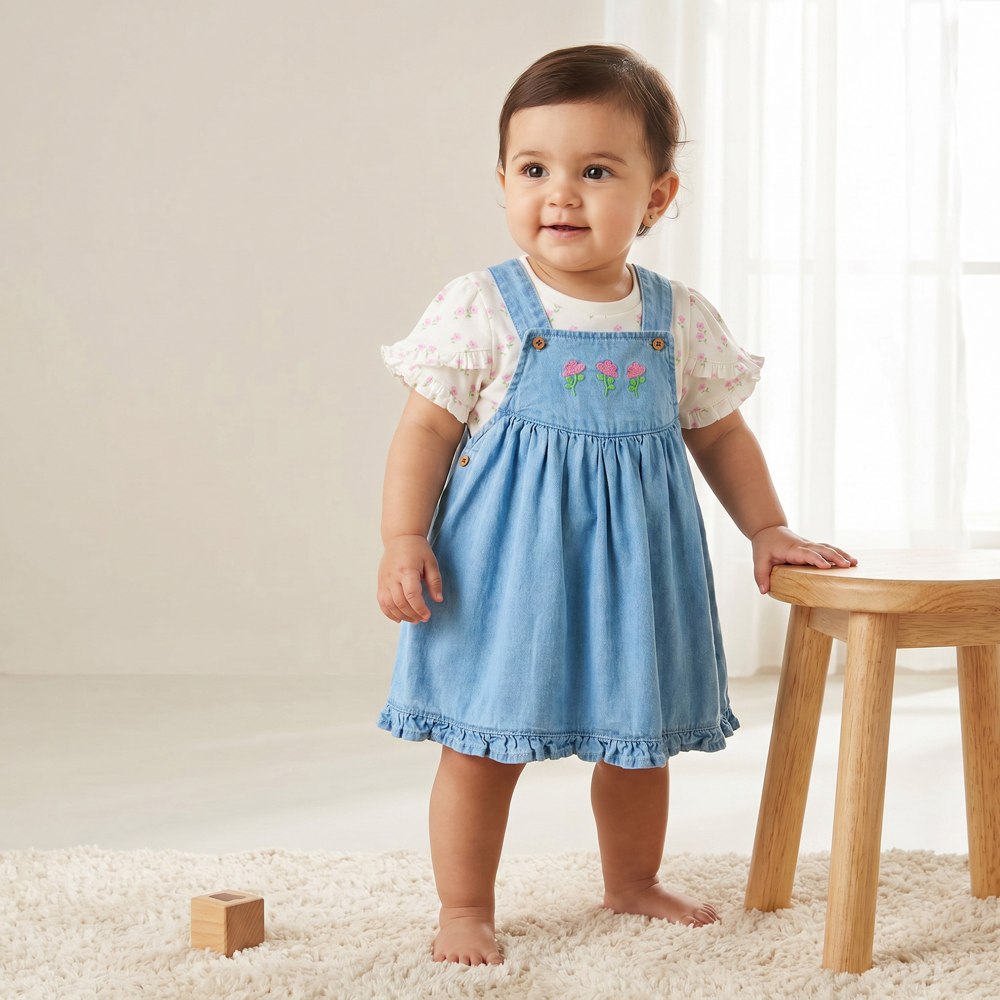 طقم مريلة دينم وبلوزة بياقة مستديرة أكمام قصيرة وطبعات زهرية من جونيورز-baby-girls-clothing-dressesandjumpsuits-image-1