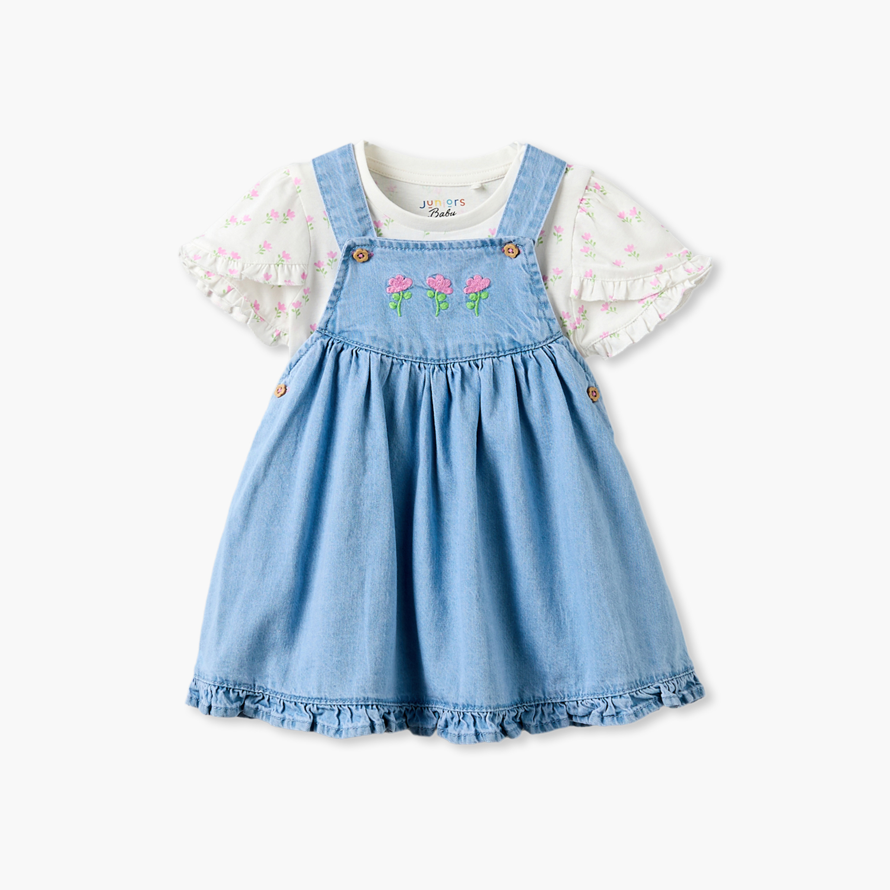 طقم مريلة دينم وبلوزة بياقة مستديرة أكمام قصيرة وطبعات زهرية من جونيورز-baby-girls-clothing-dressesandjumpsuits-image-2