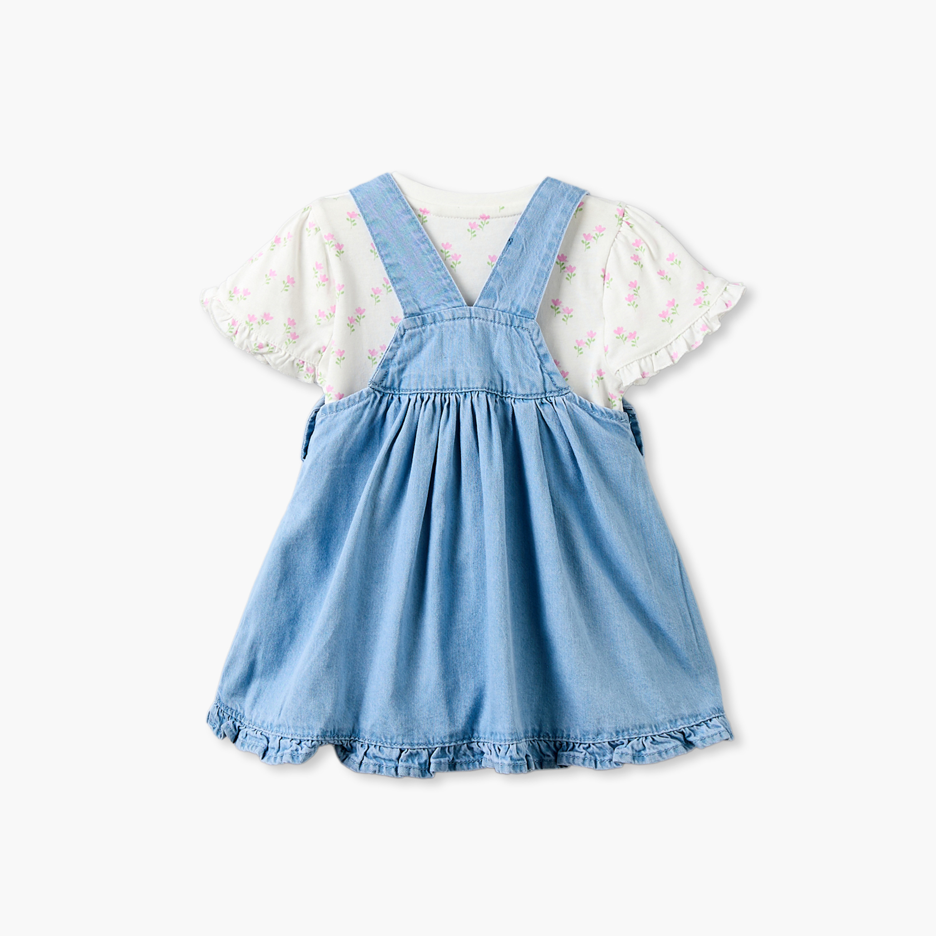 طقم مريلة دينم وبلوزة بياقة مستديرة أكمام قصيرة وطبعات زهرية من جونيورز-baby-girls-clothing-dressesandjumpsuits-image-3