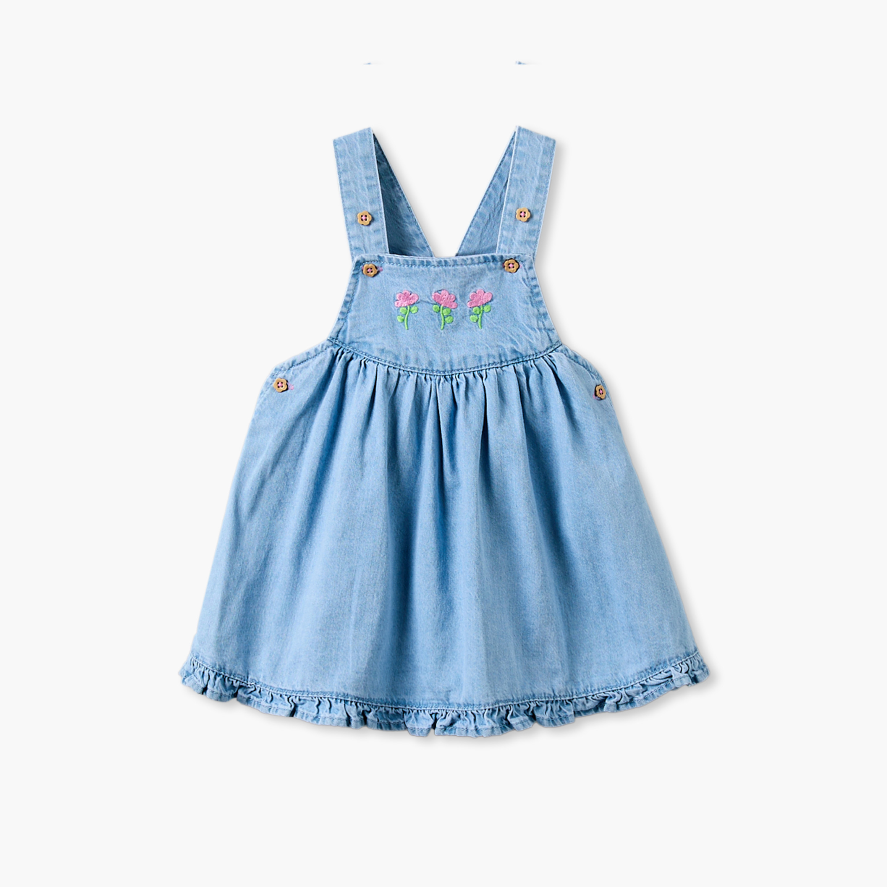 طقم مريلة دينم وبلوزة بياقة مستديرة أكمام قصيرة وطبعات زهرية من جونيورز-baby-girls-clothing-dressesandjumpsuits-image-4