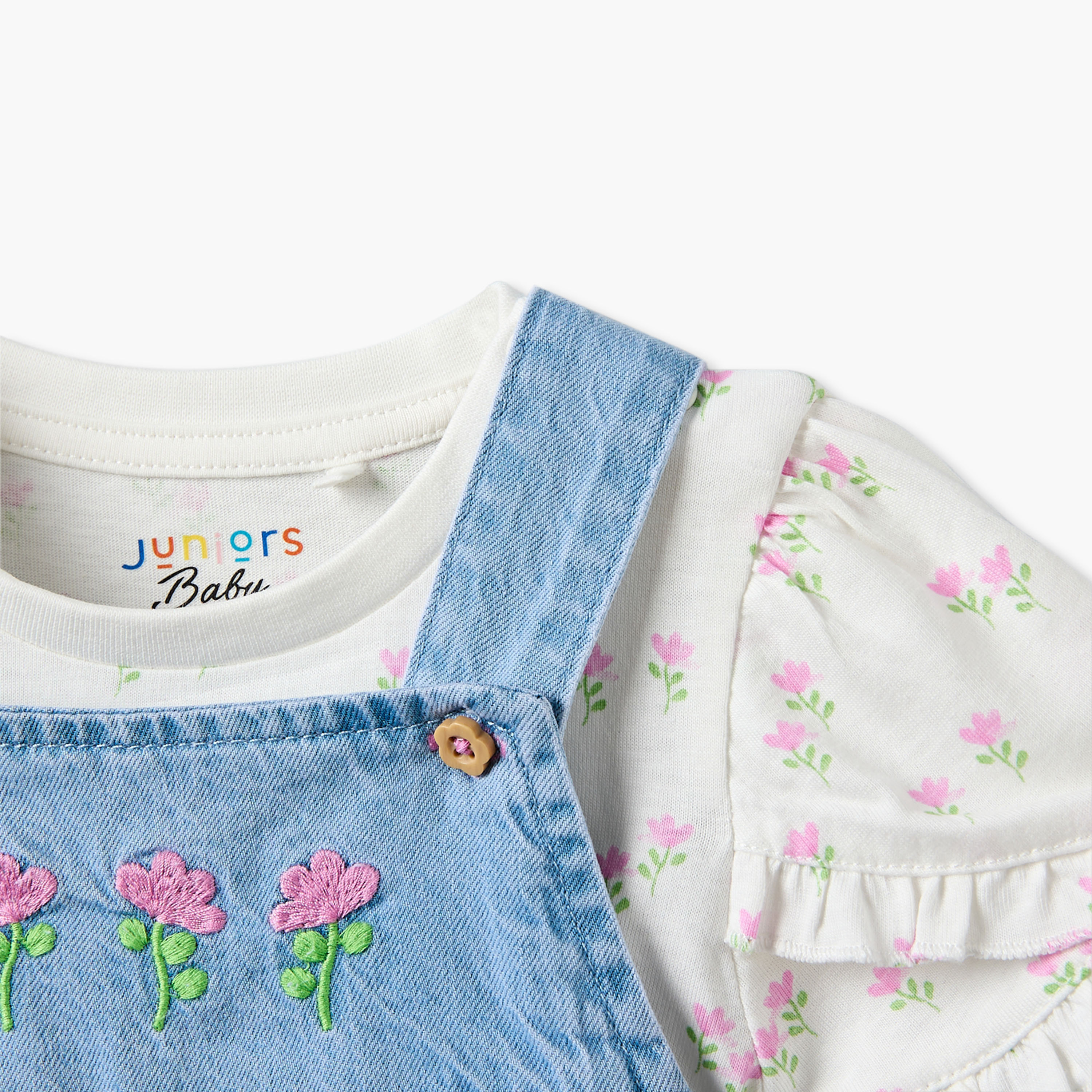 طقم مريلة دينم وبلوزة بياقة مستديرة أكمام قصيرة وطبعات زهرية من جونيورز-baby-girls-clothing-dressesandjumpsuits-image-6