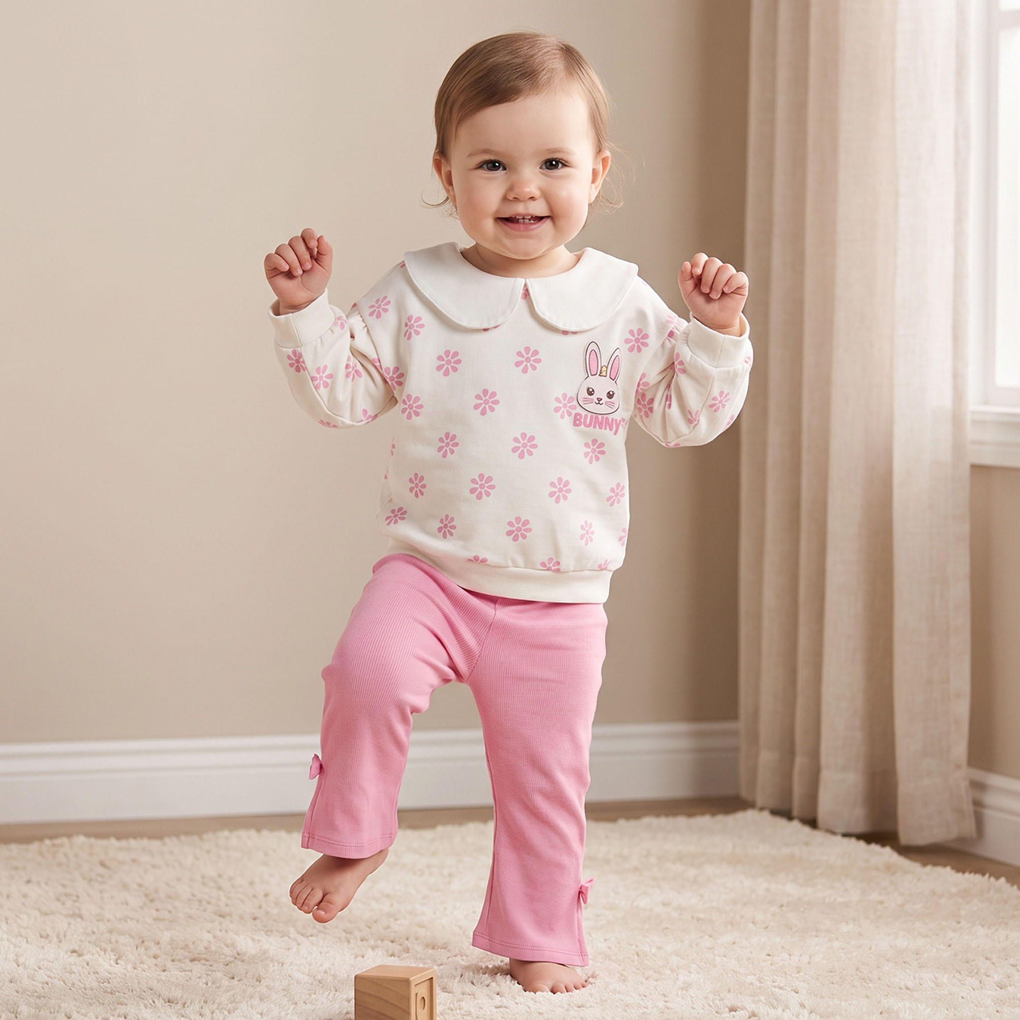 Juniors Peter Pan Collar Long Sleeves Sweatshirt and Leggings Set with Bunny Print-baby-girls-clothing-setsandcoords-image-1