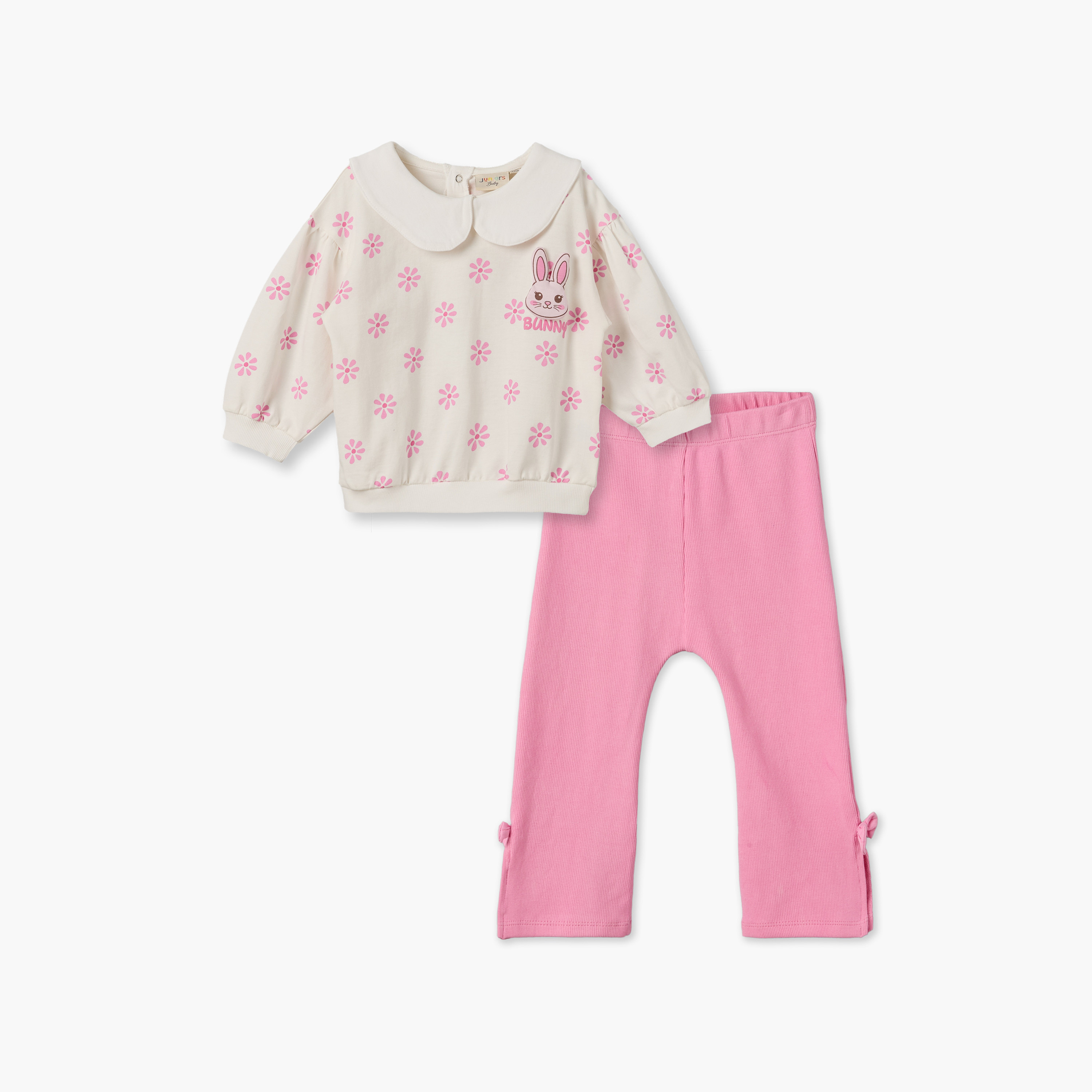 Juniors Peter Pan Collar Long Sleeves Sweatshirt and Leggings Set with Bunny Print-baby-girls-clothing-setsandcoords-image-2