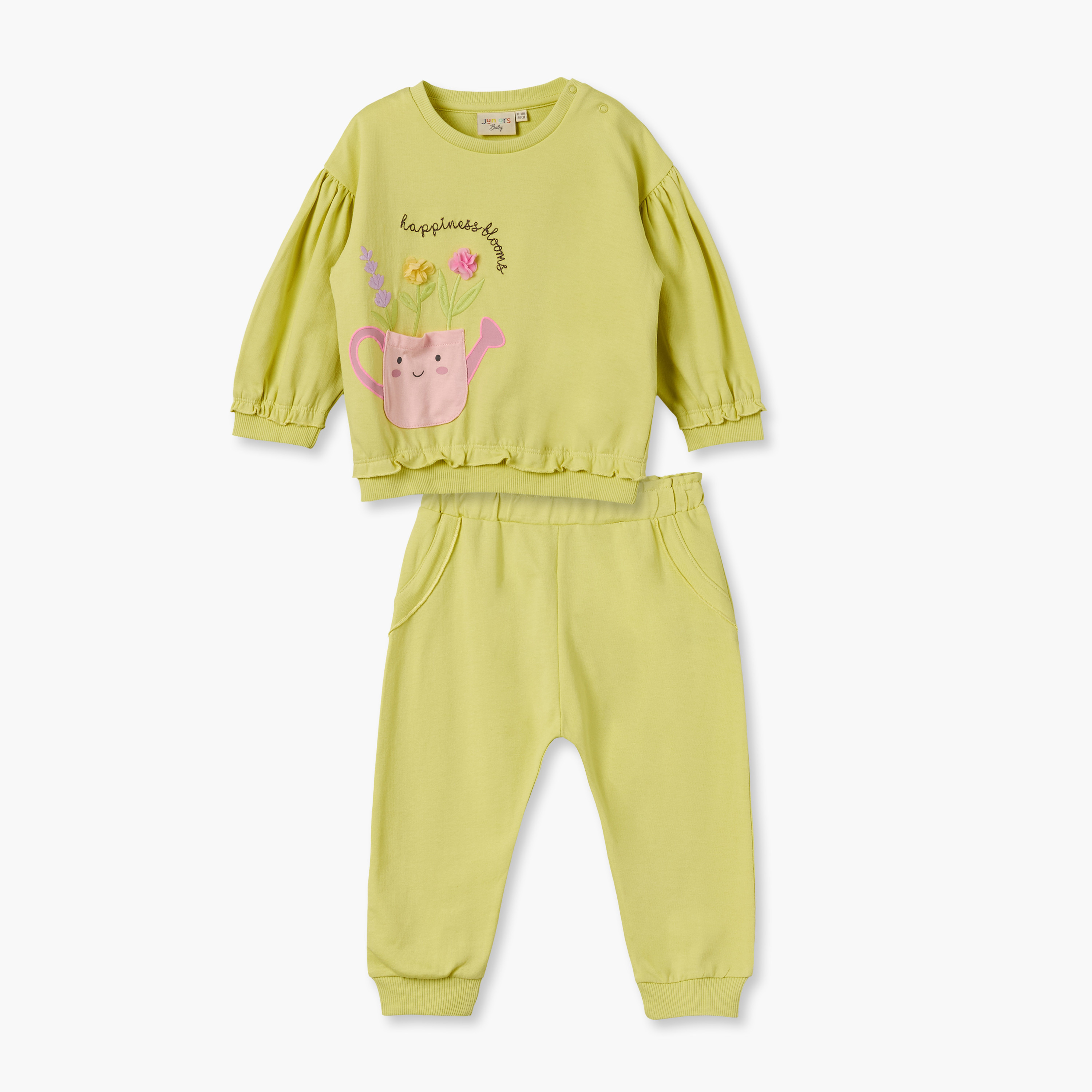 طقم سويت شيرت بأكمام طويلة ورقبة دائرية وبنطلون رياضي مزين بتطريزات زهرية من جونيورز-baby-girls-clothing-setsandcoords-image-2
