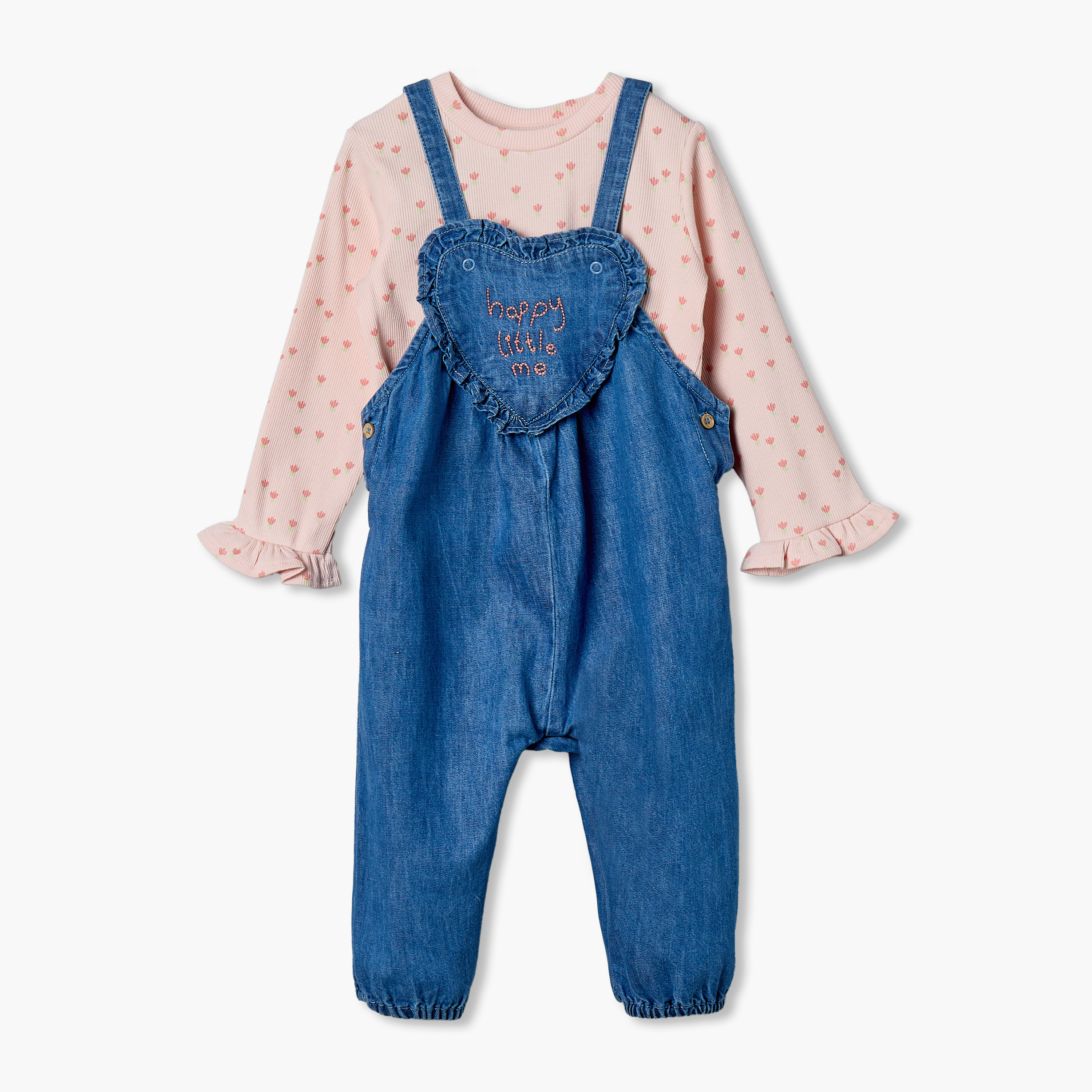 طقم دنغري دينم وتيشيرت بياقة ضيقة وأكمام طويلة وطبعات زهور من جونيورز-baby-girls-clothing-setsandcoords-image-1