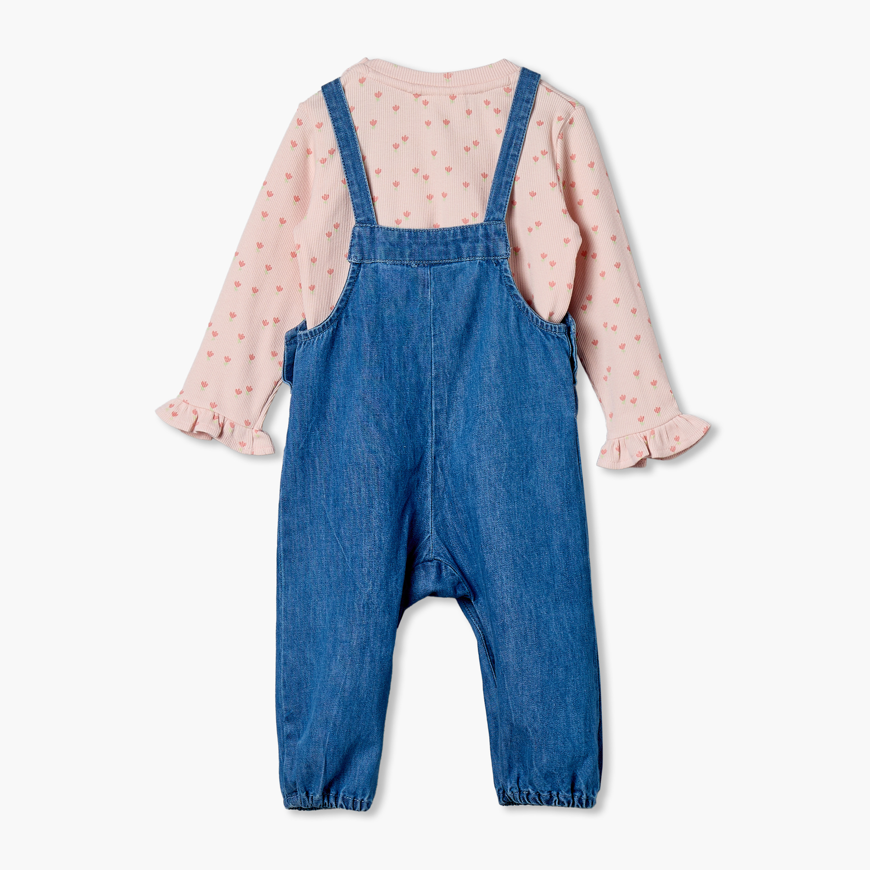 طقم دنغري دينم وتيشيرت بياقة ضيقة وأكمام طويلة وطبعات زهور من جونيورز-baby-girls-clothing-setsandcoords-image-2