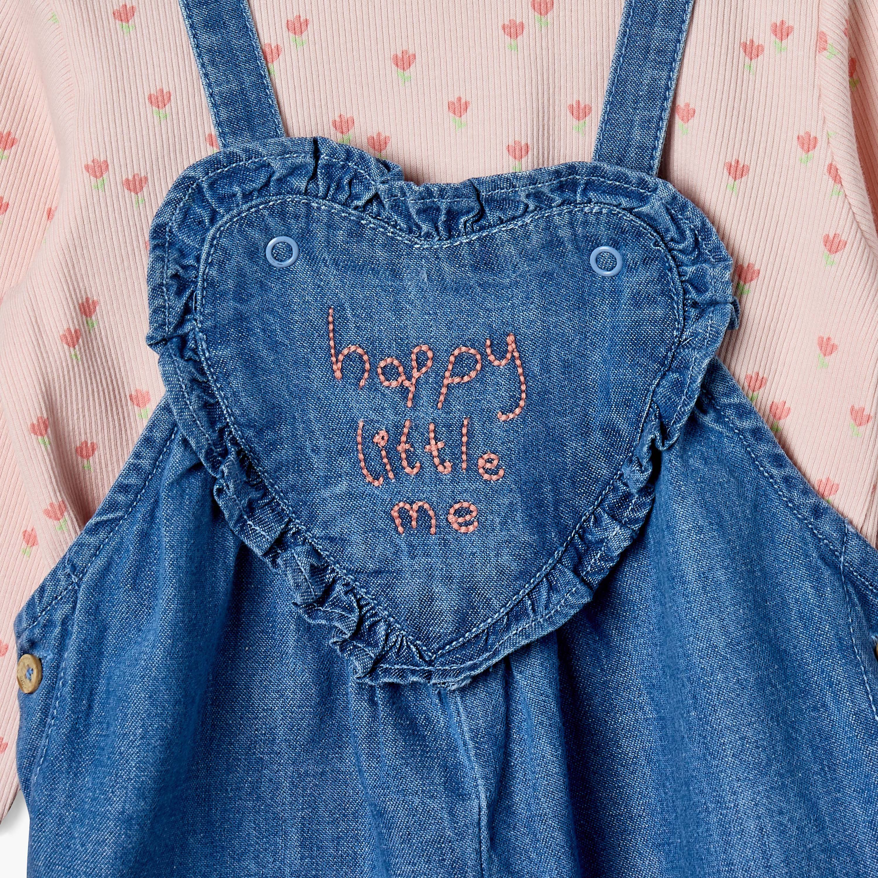 طقم دنغري دينم وتيشيرت بياقة ضيقة وأكمام طويلة وطبعات زهور من جونيورز-baby-girls-clothing-setsandcoords-image-6
