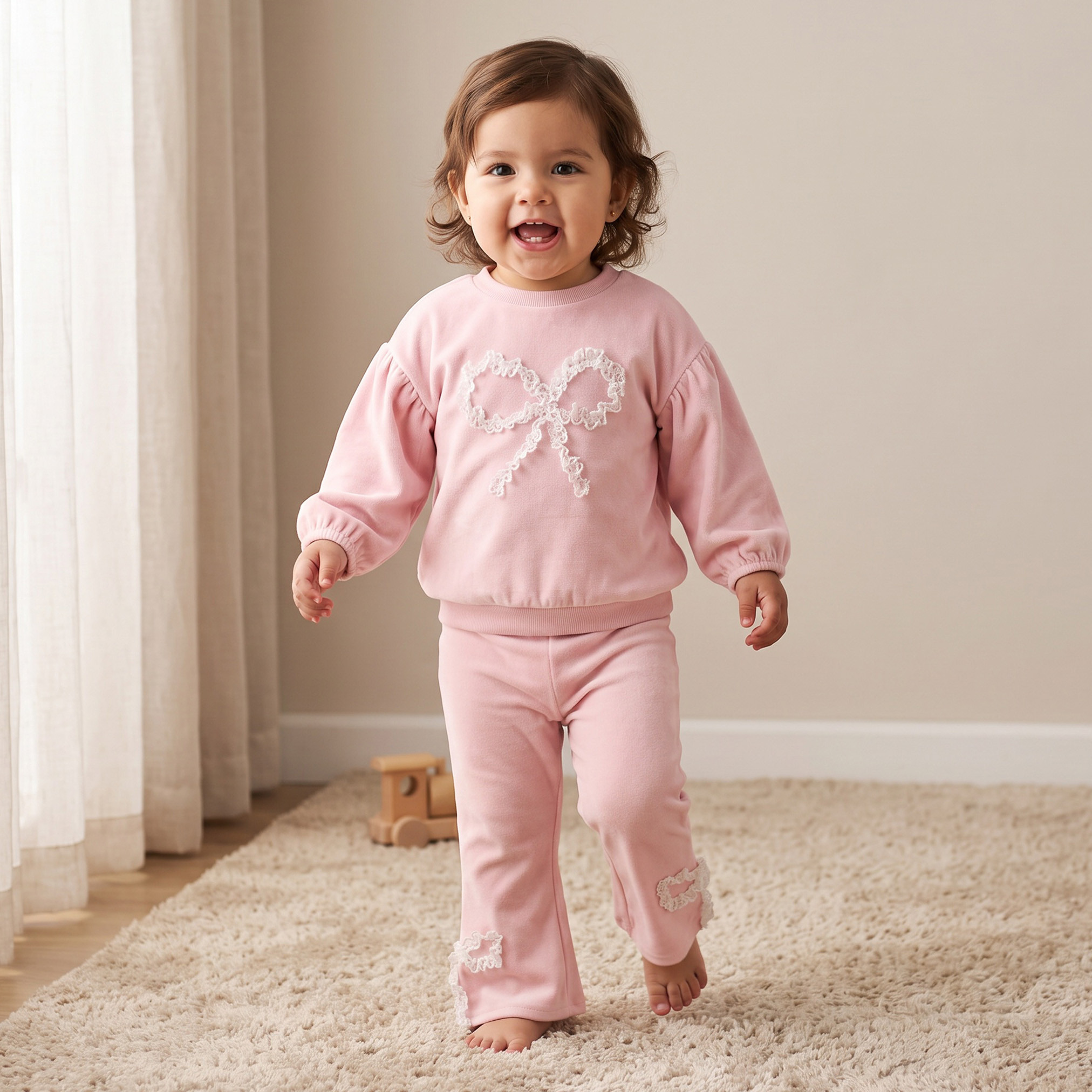 Juniors Crew Neck Long Sleeves Sweatshirt and Pants Set with Bow Applique-baby-girls-clothing-setsandcoords-image-1
