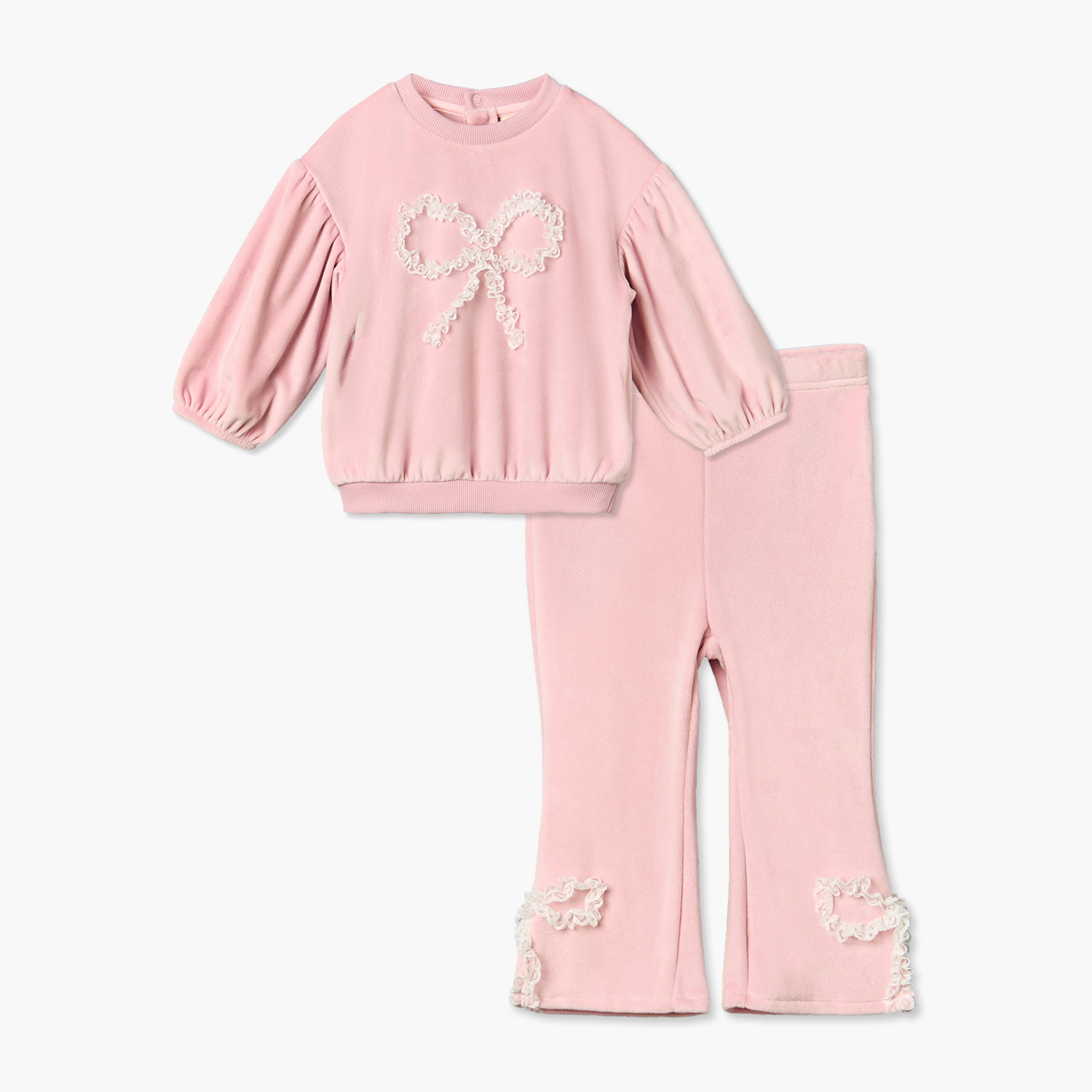 Juniors Crew Neck Long Sleeves Sweatshirt and Pants Set with Bow Applique-baby-girls-clothing-setsandcoords-image-2