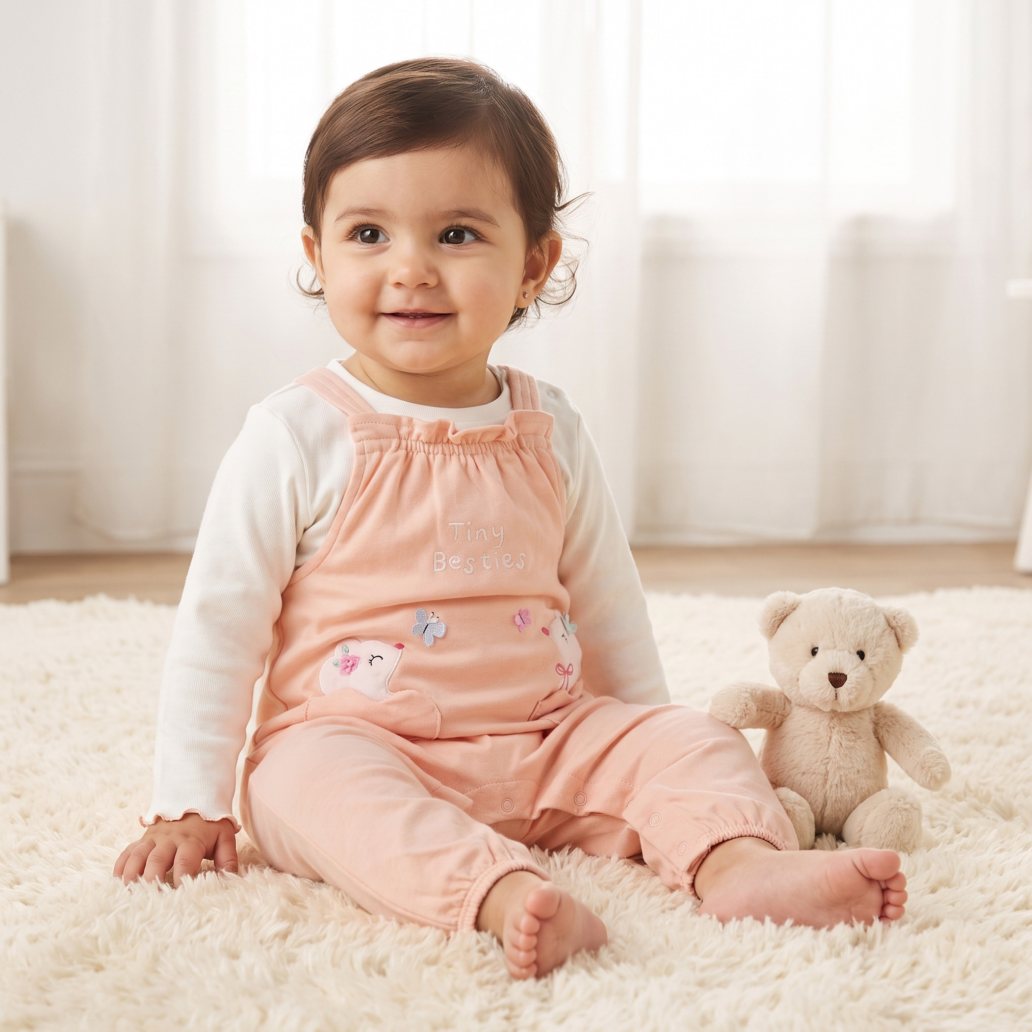 Juniors Crew Neck Long Sleeves T-shirt and Dungaree Set with Applique Accent-baby-girls-clothing-setsandcoords-image-1