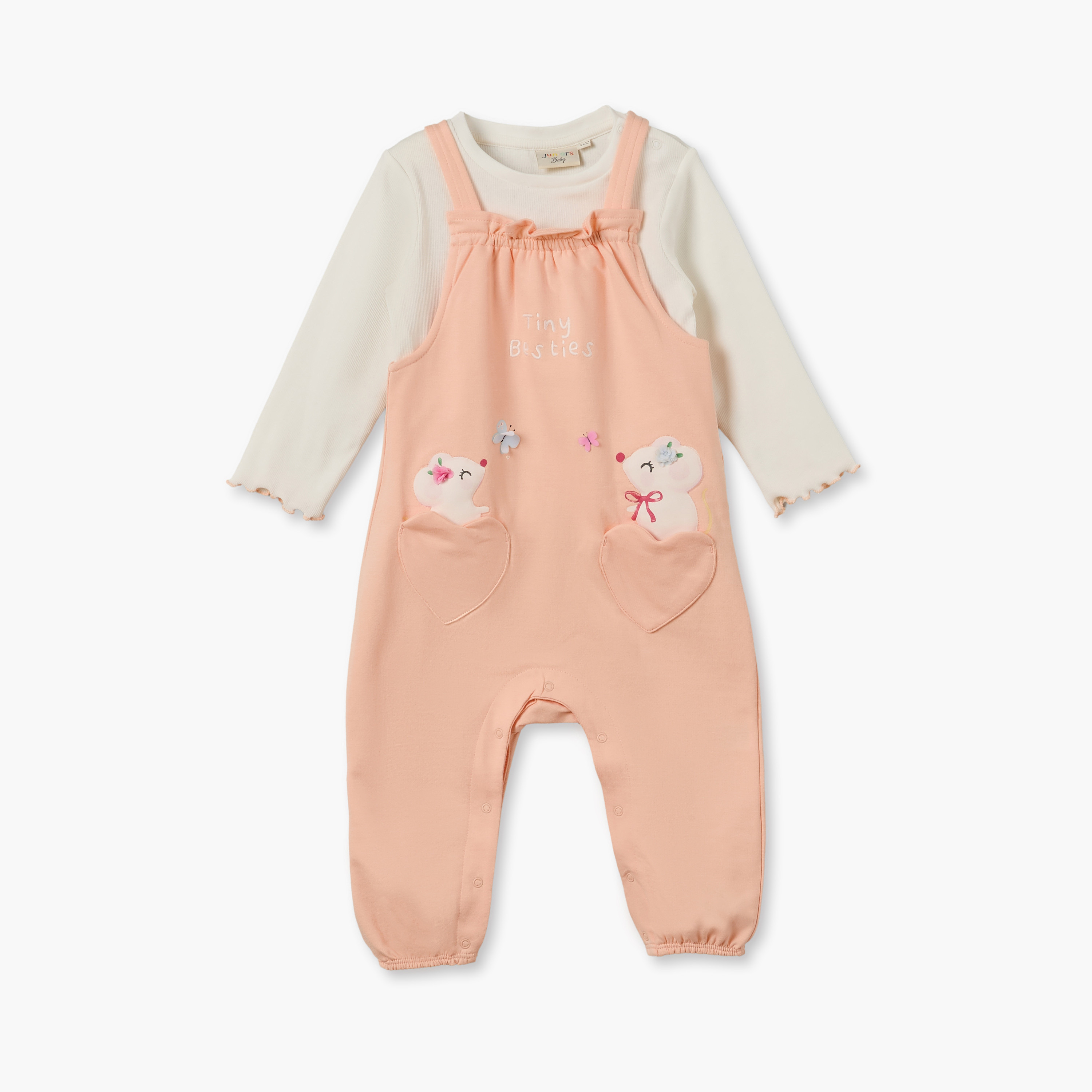 Juniors Crew Neck Long Sleeves T-shirt and Dungaree Set with Applique Accent-baby-girls-clothing-setsandcoords-image-2