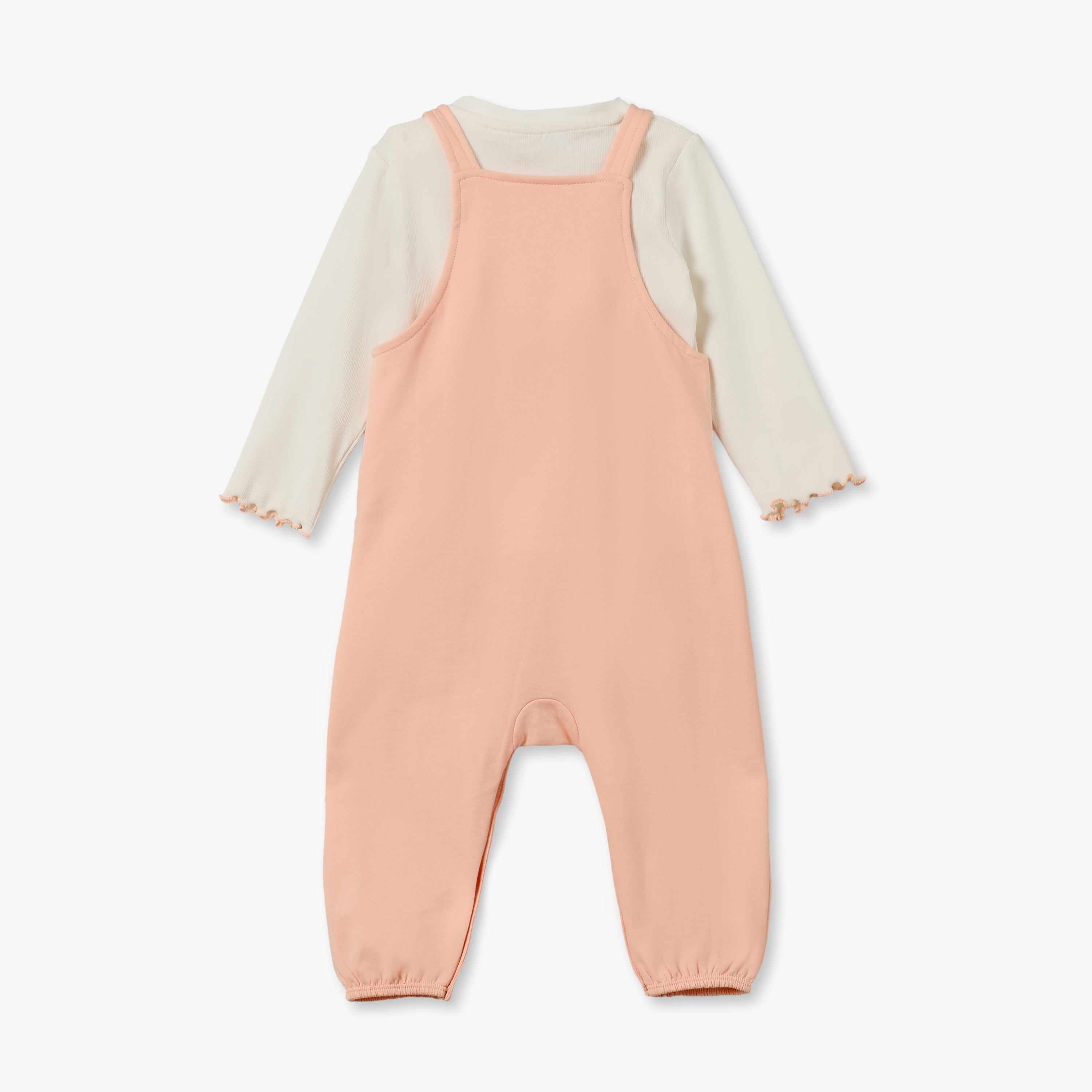 Juniors Crew Neck Long Sleeves T-shirt and Dungaree Set with Applique Accent-baby-girls-clothing-setsandcoords-image-3