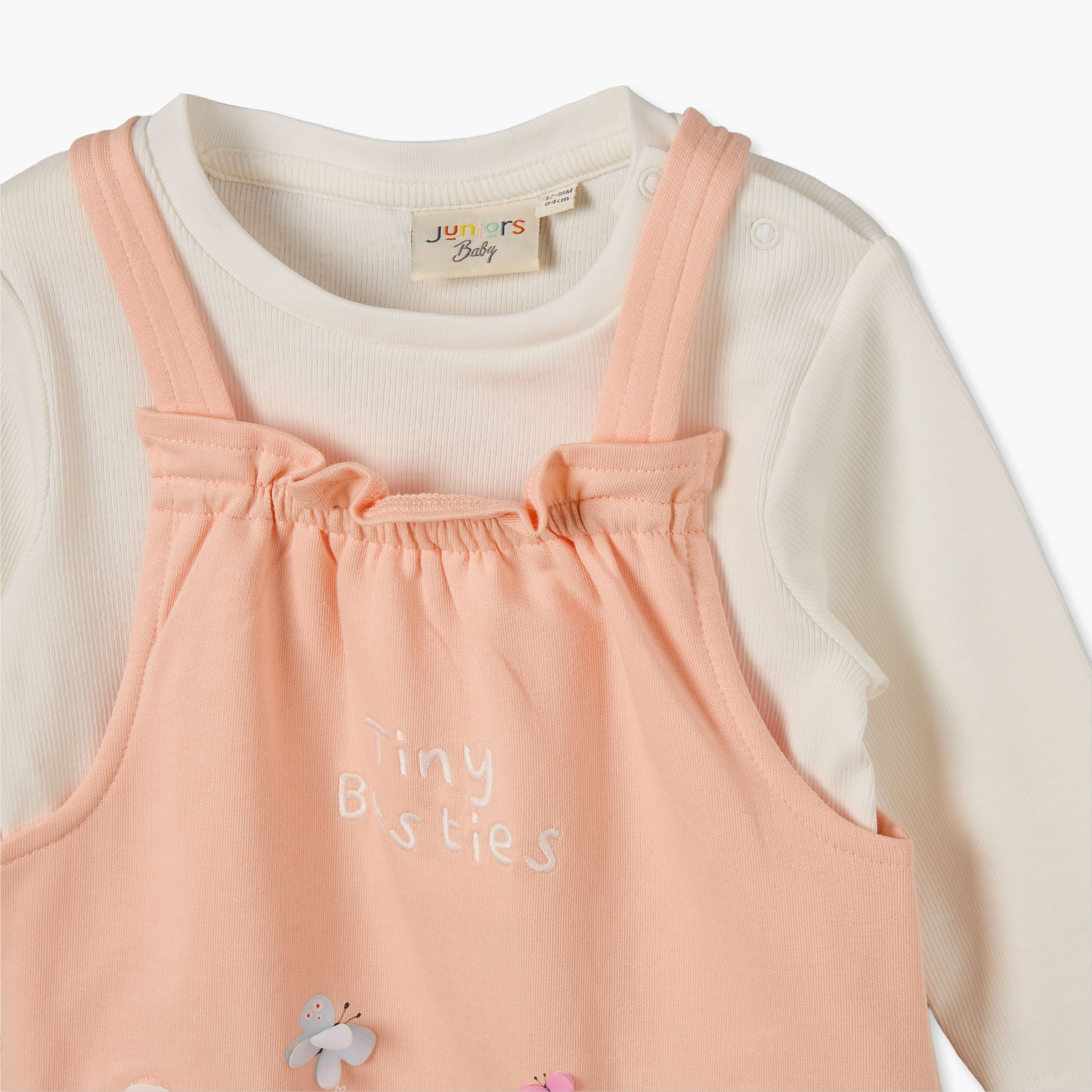 Juniors Crew Neck Long Sleeves T-shirt and Dungaree Set with Applique Accent-baby-girls-clothing-setsandcoords-image-7
