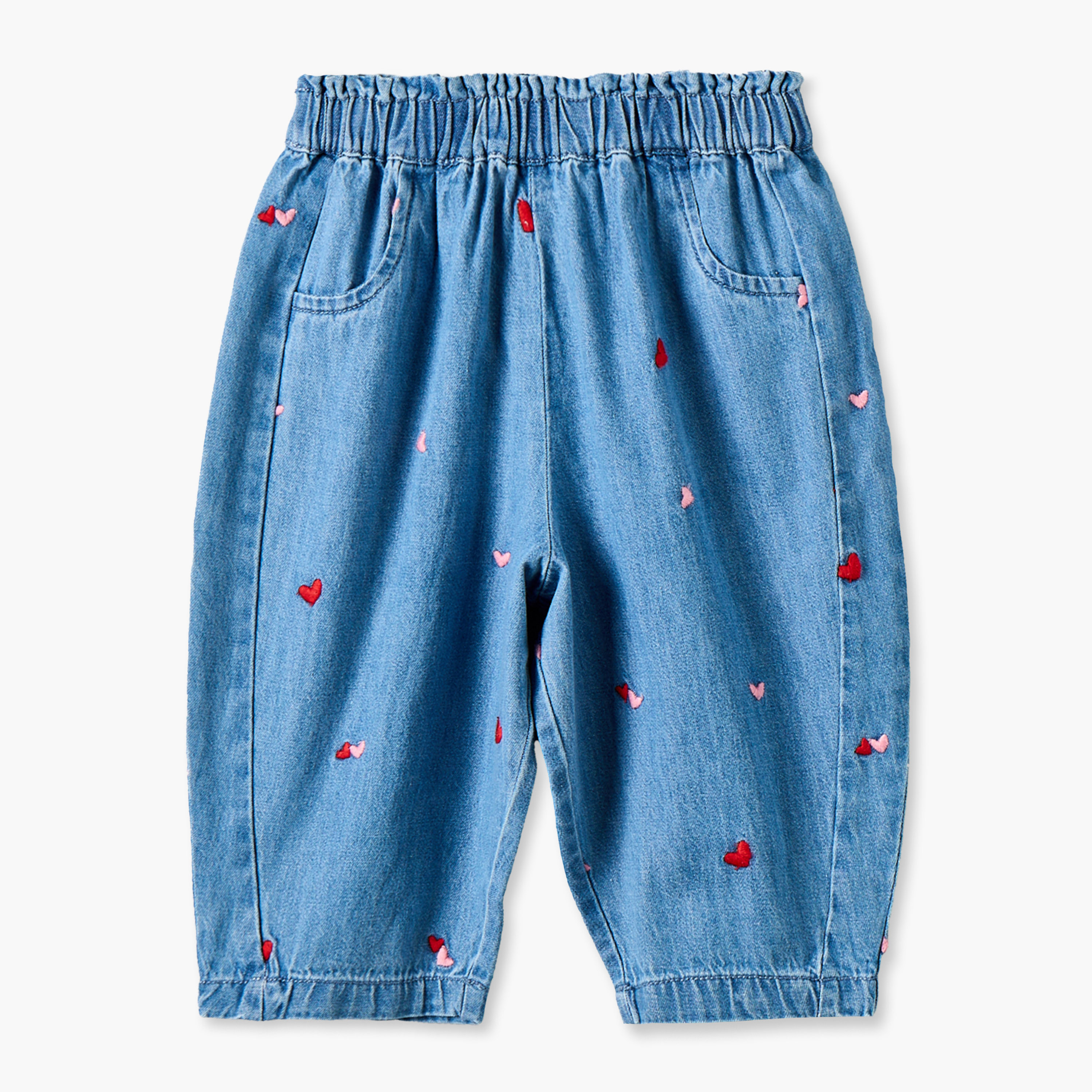 بنطلون دينم قطن بقصة بالون وتطريز قلوب وخصر مطاطي من جونيورز-baby-girls-clothing-bottoms-jeans-image-1