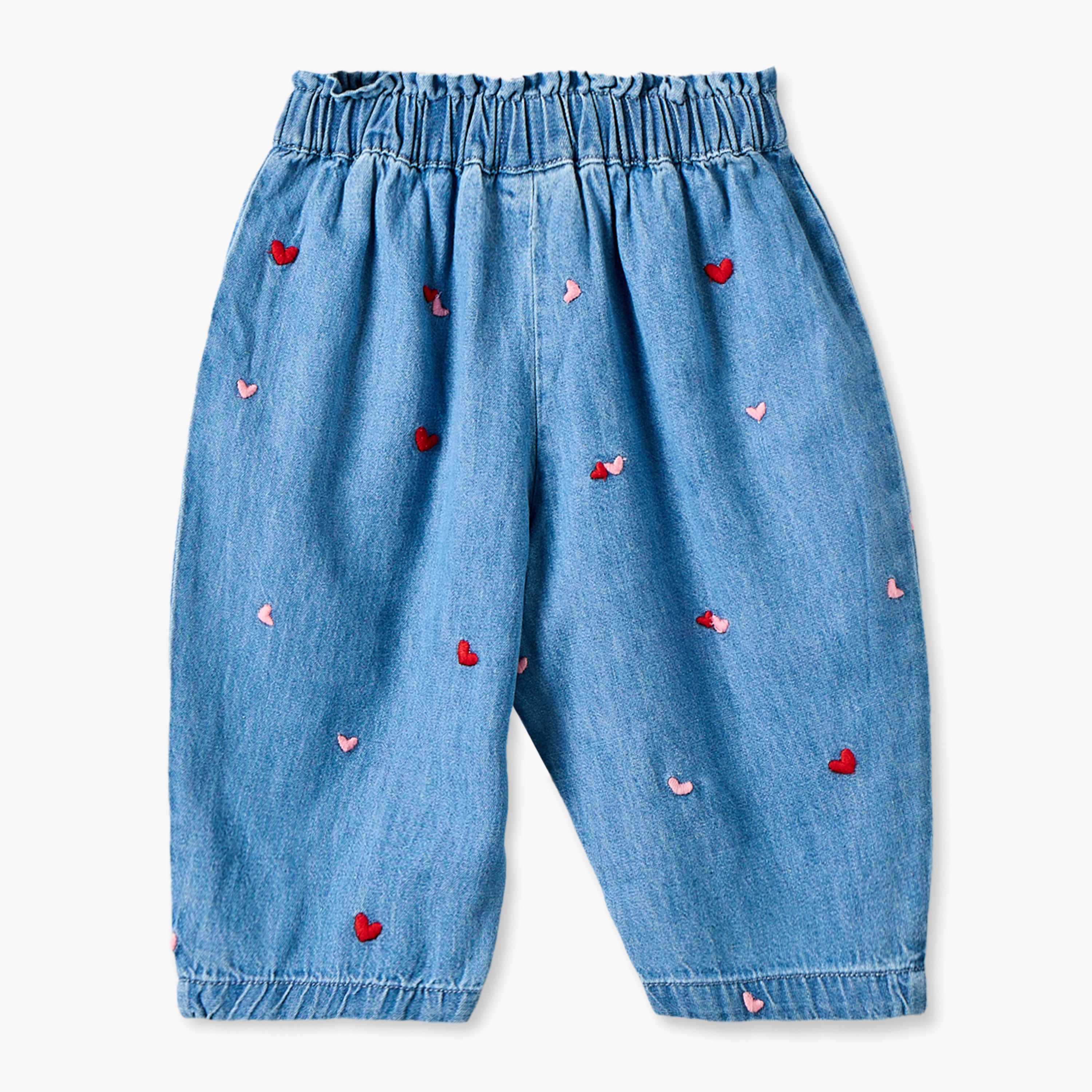 بنطلون دينم قطن بقصة بالون وتطريز قلوب وخصر مطاطي من جونيورز-baby-girls-clothing-bottoms-jeans-image-2
