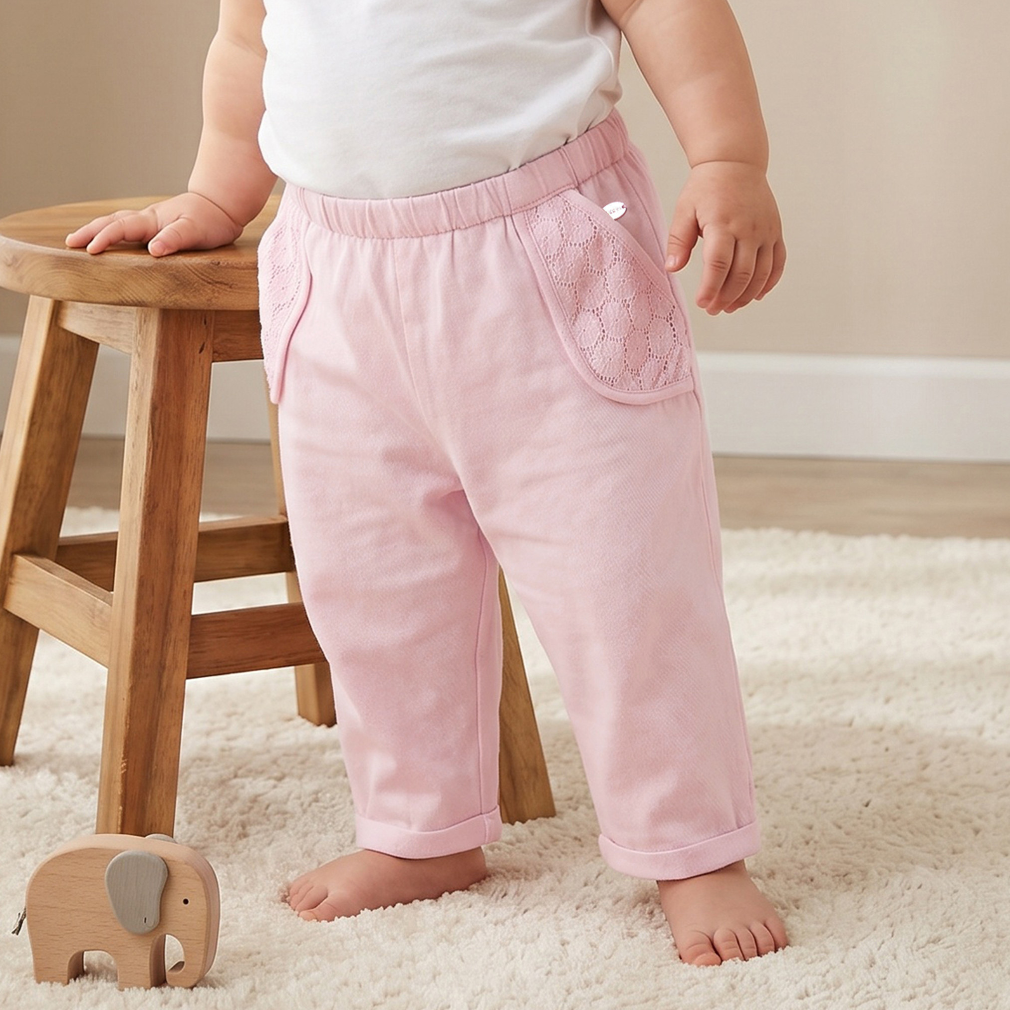 Giggles Regular Fit Trousers with Lace Inserts, Elasticated Waistband-baby-girls-clothing-bottoms-trousers-image-1