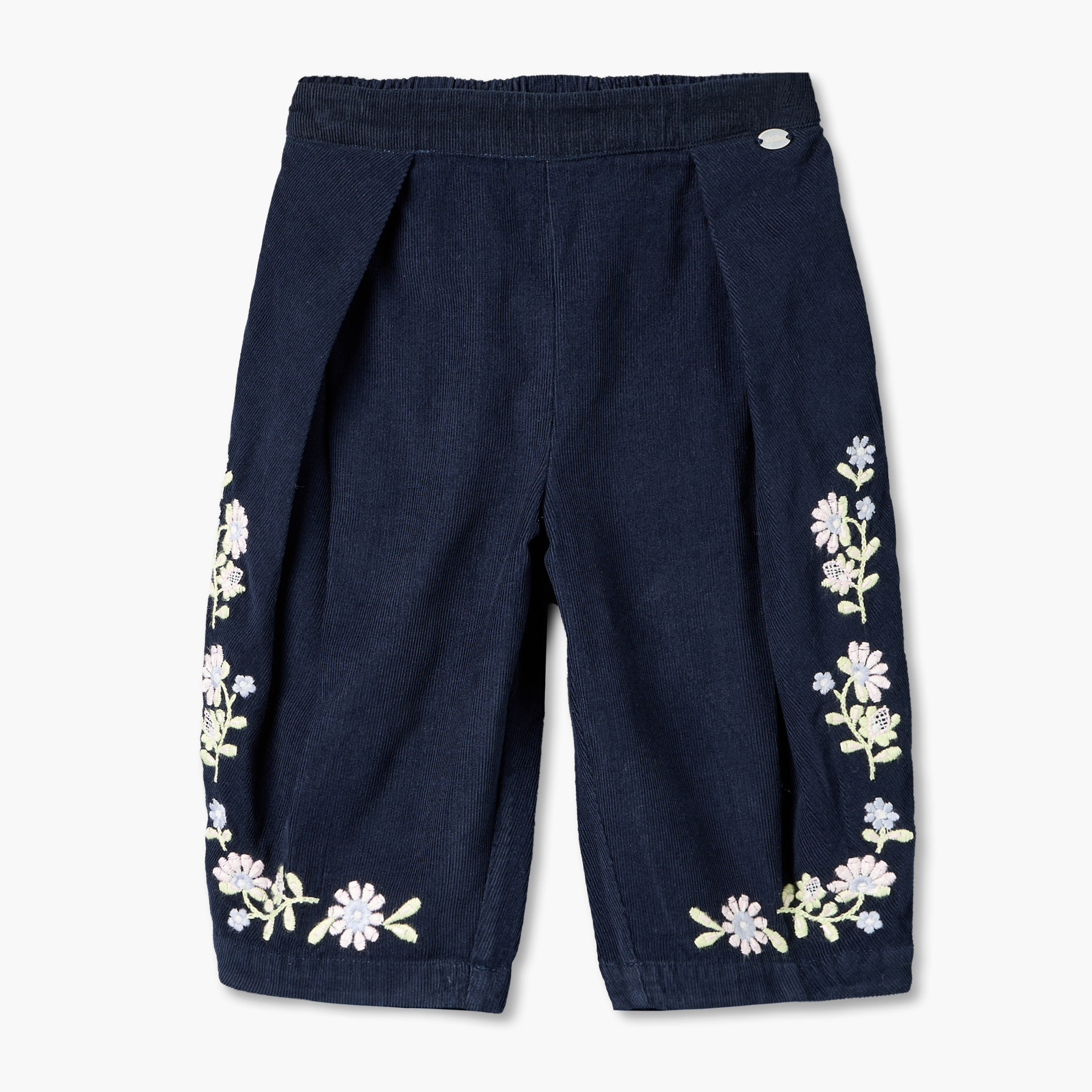 Giggles Trousers with Floral Embroidery, Elasticated Waist-baby-girls-clothing-bottoms-trousers-image-1