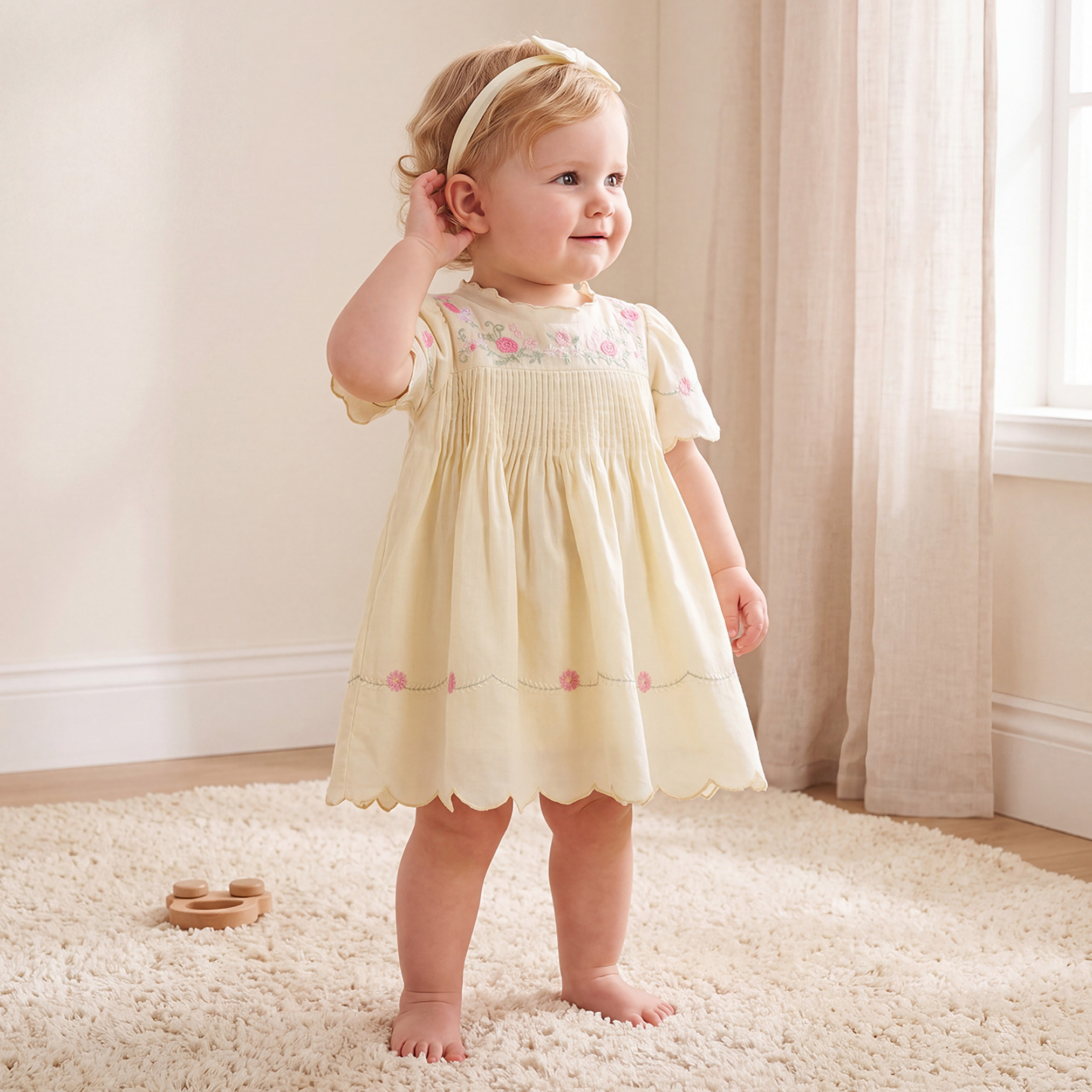 Giggles Round Neck Short Sleeves Knee Length Dress and Headband with Floral Embroidery-baby-girls-clothing-dressesandjumpsuits-image-1