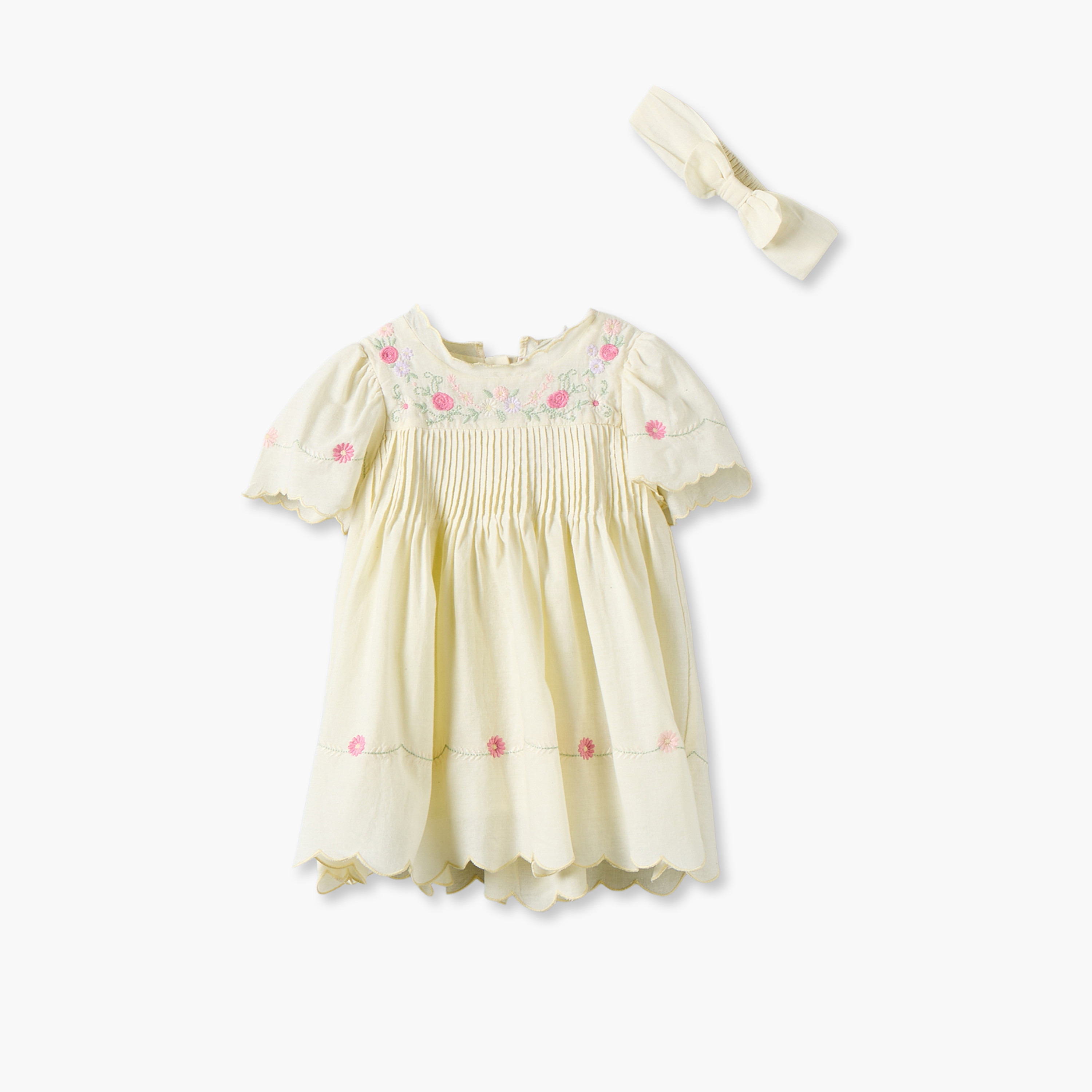 Giggles Round Neck Short Sleeves Knee Length Dress and Headband with Floral Embroidery-baby-girls-clothing-dressesandjumpsuits-image-2