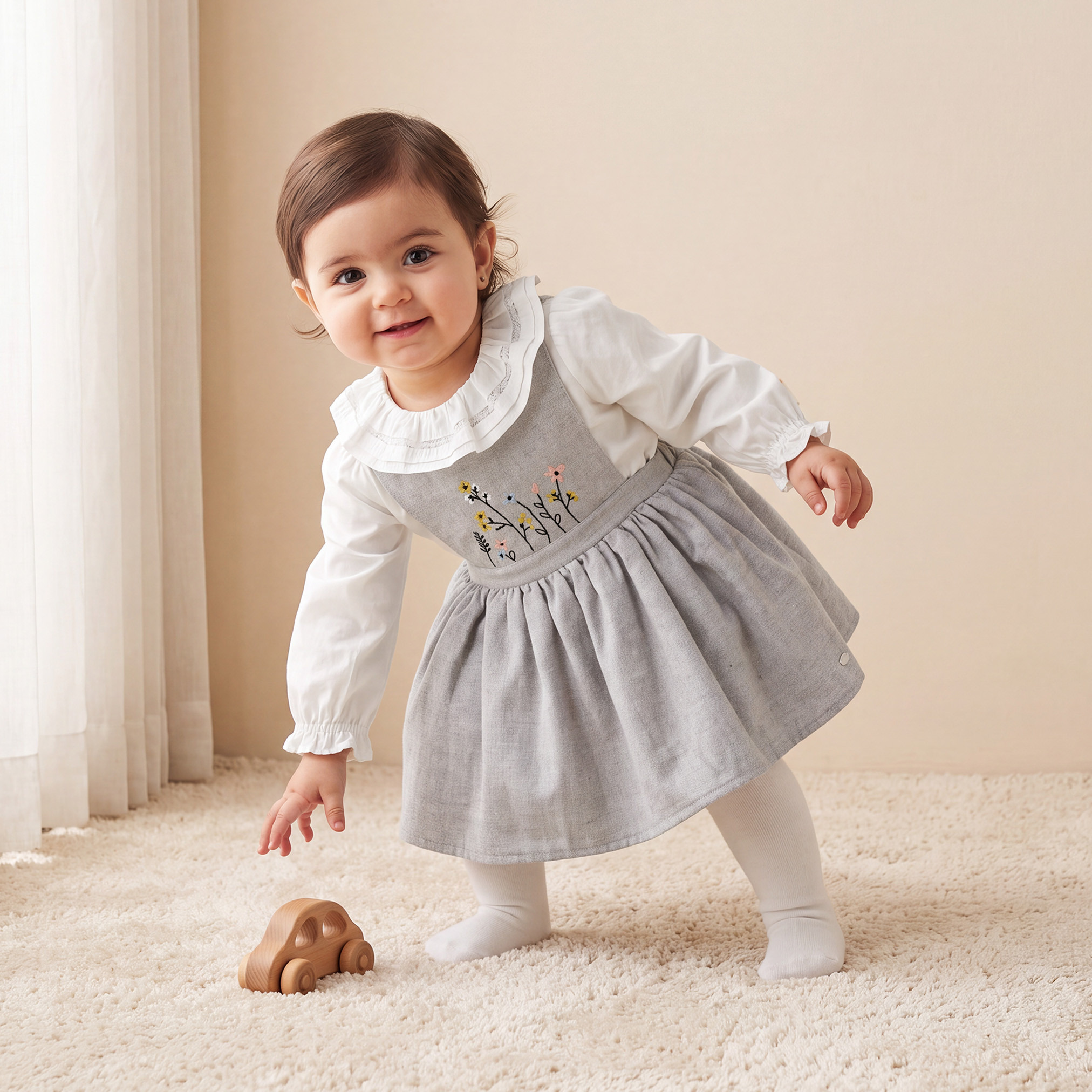 Giggles Collared Long Sleeves Top and Pinafore Set with Tights-baby-girls-clothing-dressesandjumpsuits-image-1