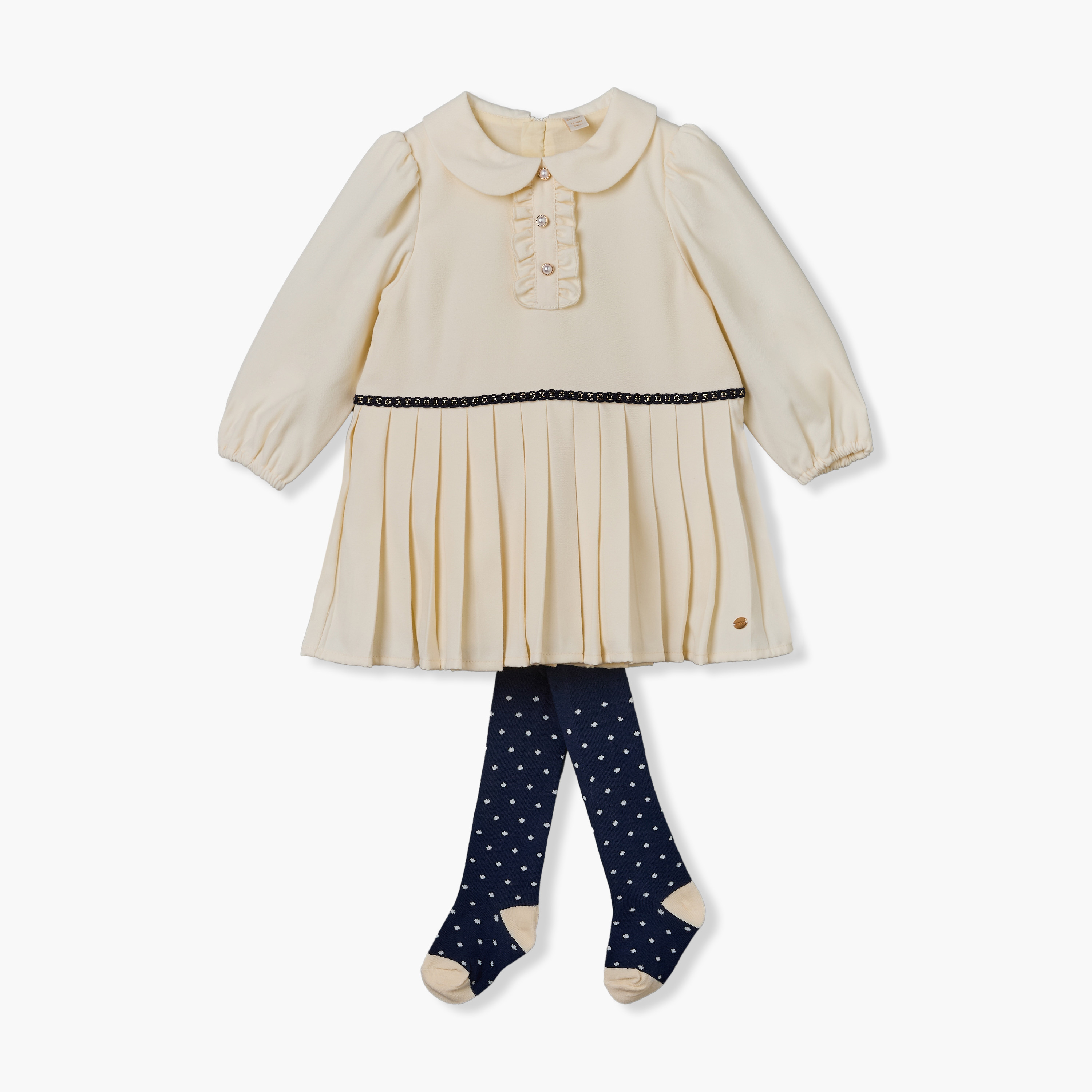 فستان بطول الركبة بياقة بيتر بان وأكمام طويلة مع جوارب طويلة من جيجلز-baby-girls-clothing-dressesandjumpsuits-image-1