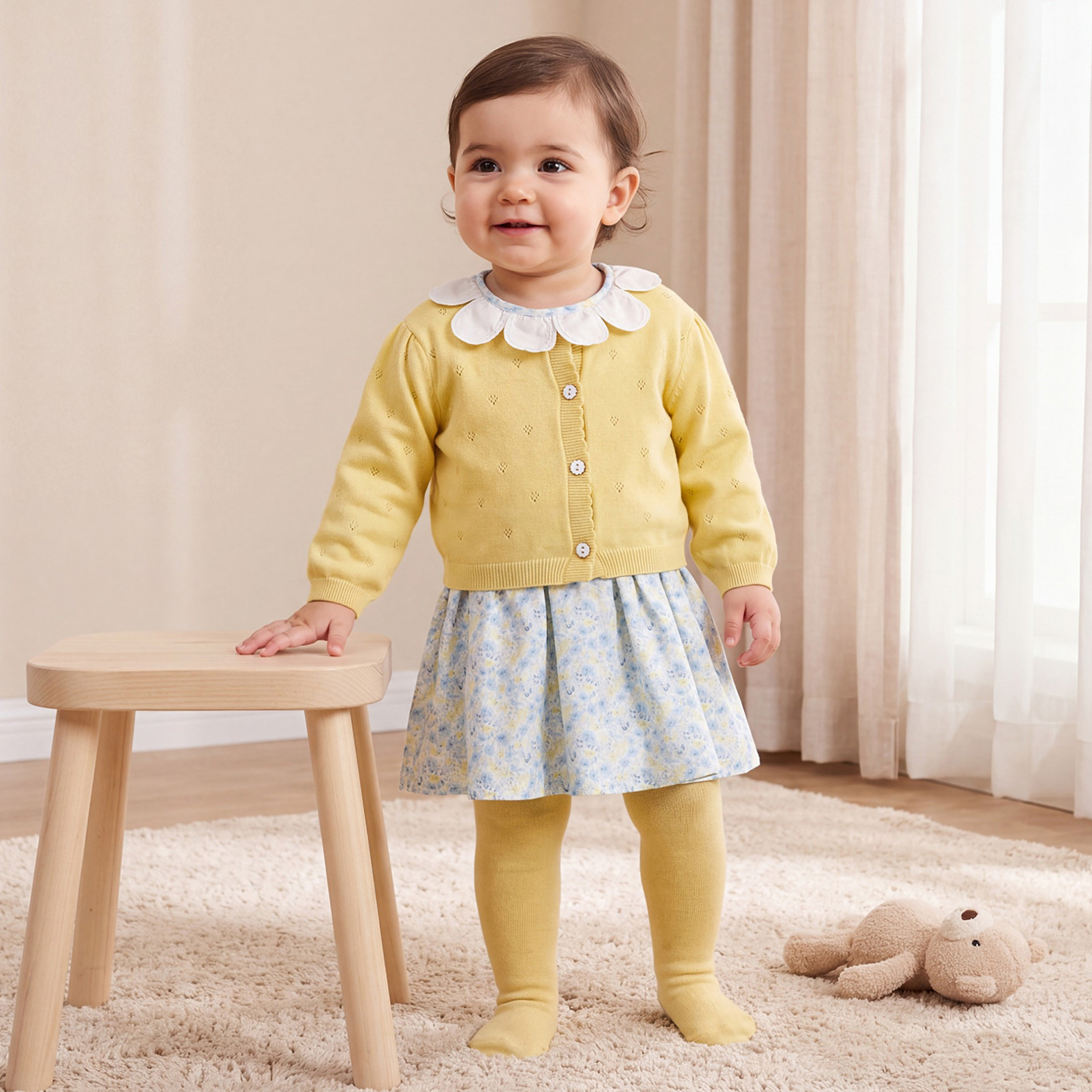 Set of 3 Giggles Round Neck Short Sleeves Knee Length Dress with Cardigan-baby-girls-clothing-dressesandjumpsuits-image-1