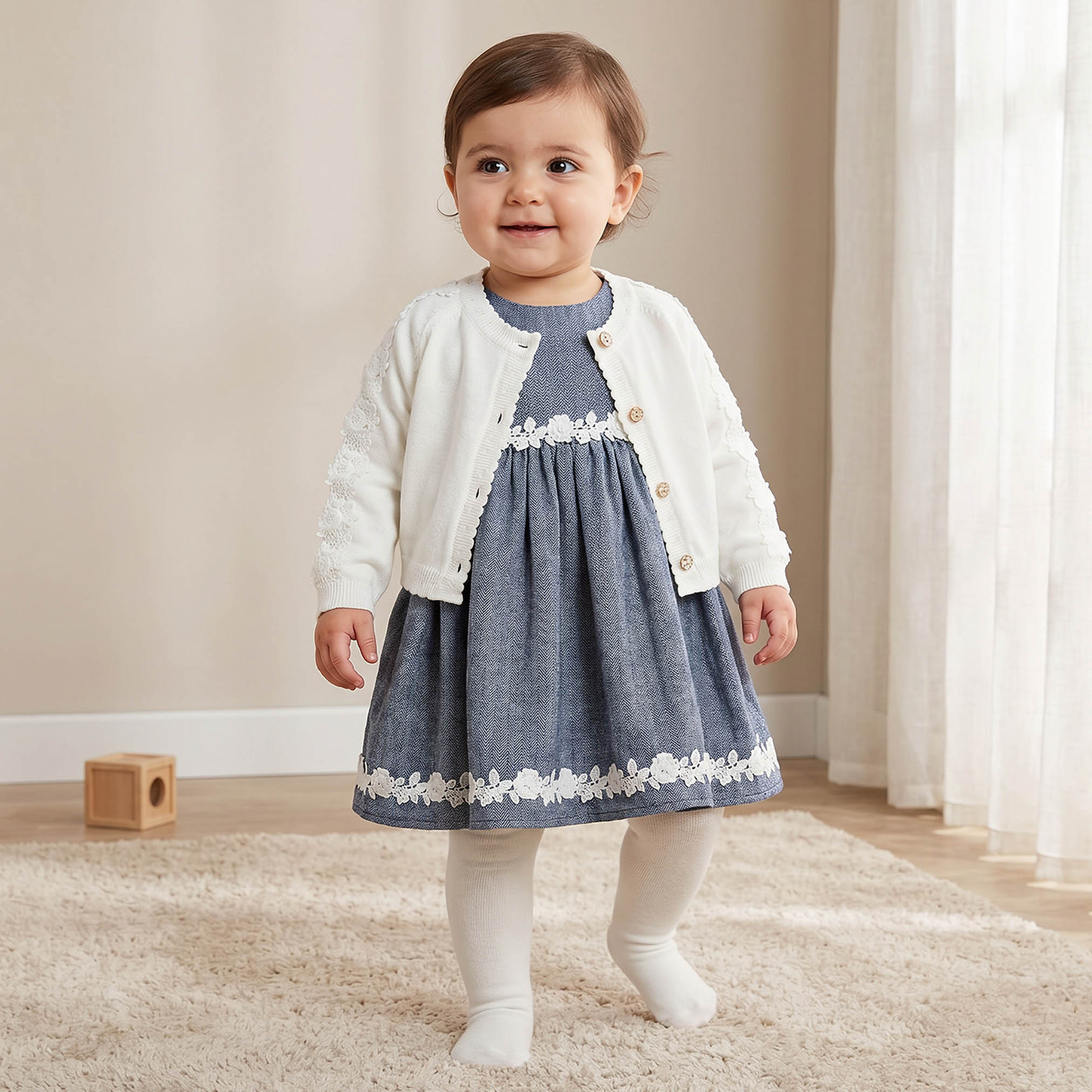 فستان طول الركبة بأكمام قصيرة وياقة مستديرة مع سترة وسروال تحتاني من جيجلز - طقم 3 قطع-baby-girls-clothing-dressesandjumpsuits-image-1