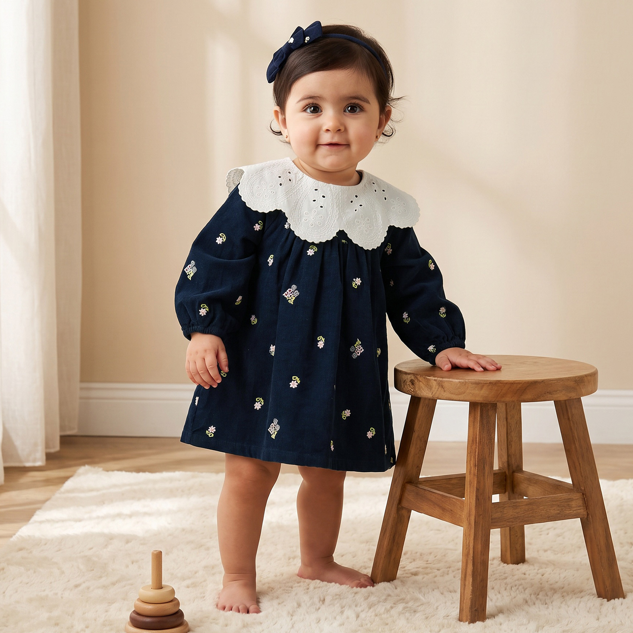 Giggles Collared Long Sleeves Knee Length A-line Dress with Headband-baby-girls-clothing-dressesandjumpsuits-image-1