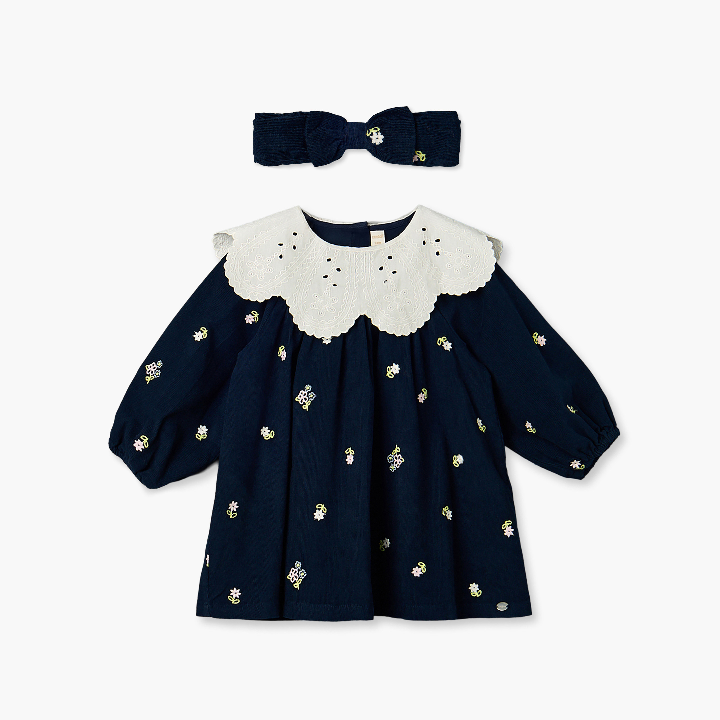 Giggles Collared Long Sleeves Knee Length A-line Dress with Headband-baby-girls-clothing-dressesandjumpsuits-image-2