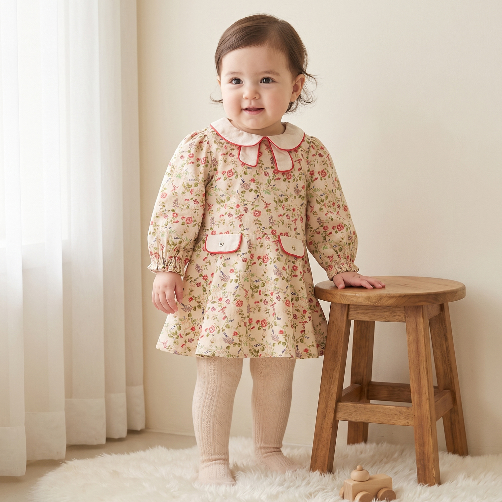 فستان طول الركبة بياقة عادية وأكمام طويلة وطبعات زهرية مع سروال تحتاني من جونيورز-baby-girls-clothing-dressesandjumpsuits-image-1