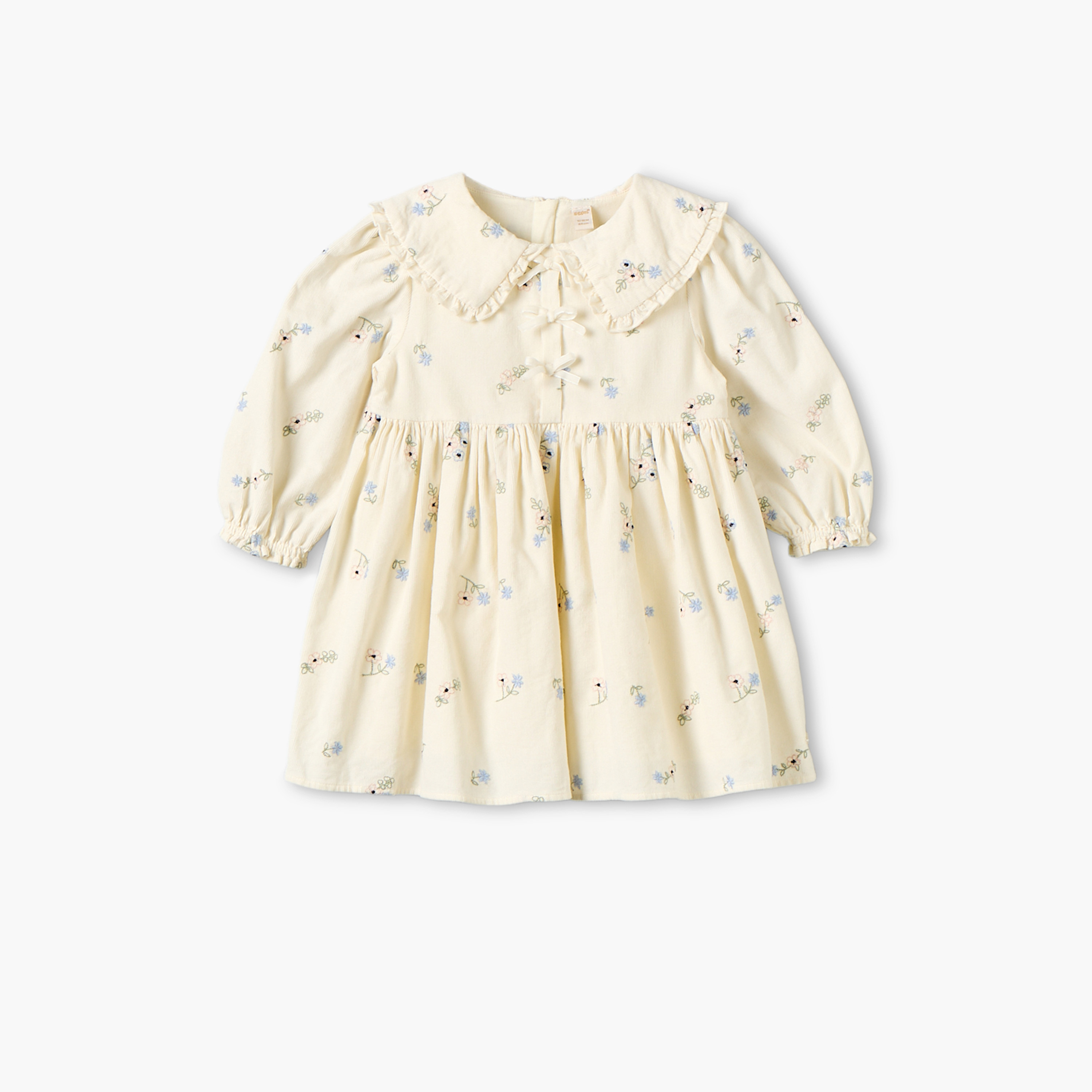 Giggles Peter Pan Collar Long Sleeves Knee Length Dress with Floral Embroidery-baby-girls-clothing-dressesandjumpsuits-image-1